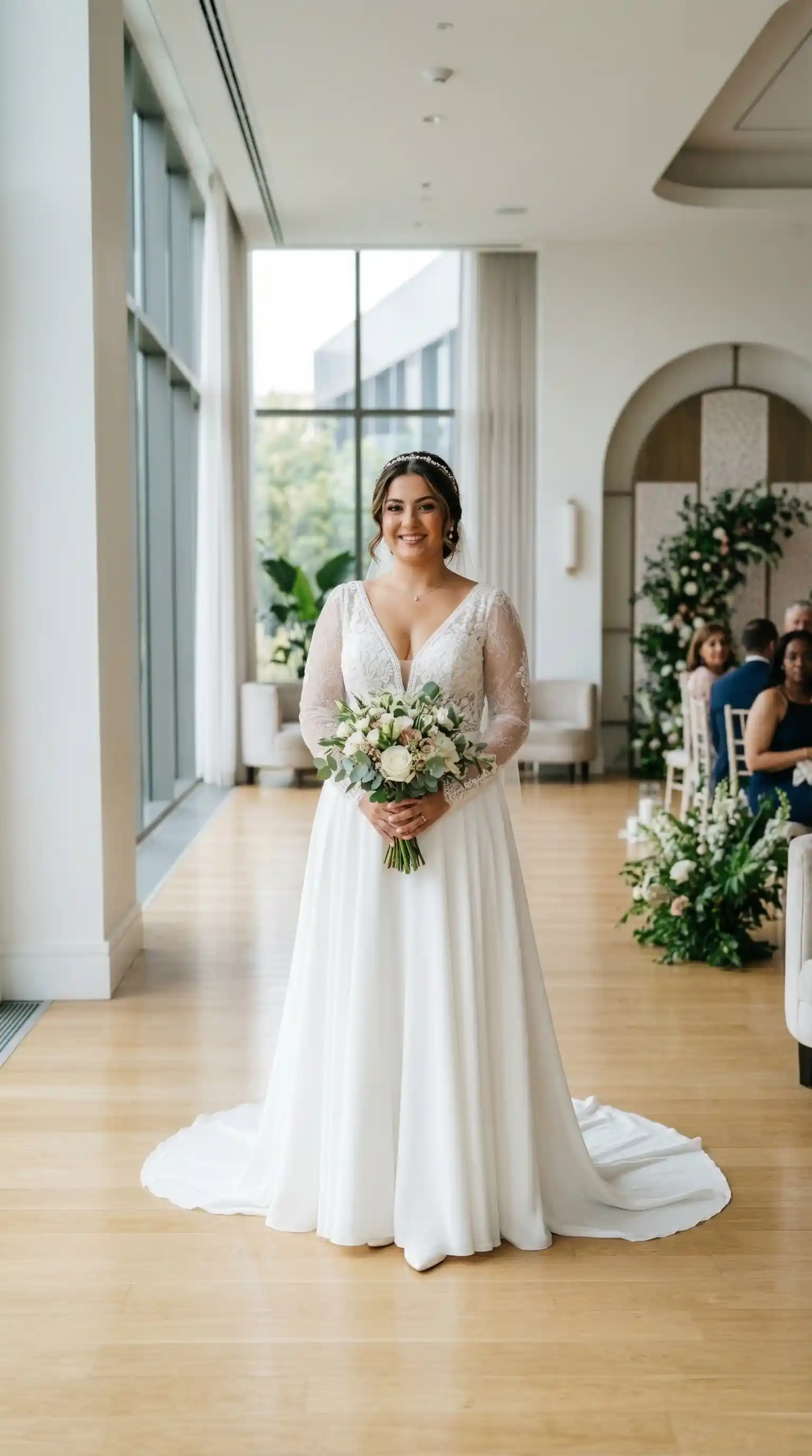 A kesim ve V yakalı büyük beden gelinlik modeli