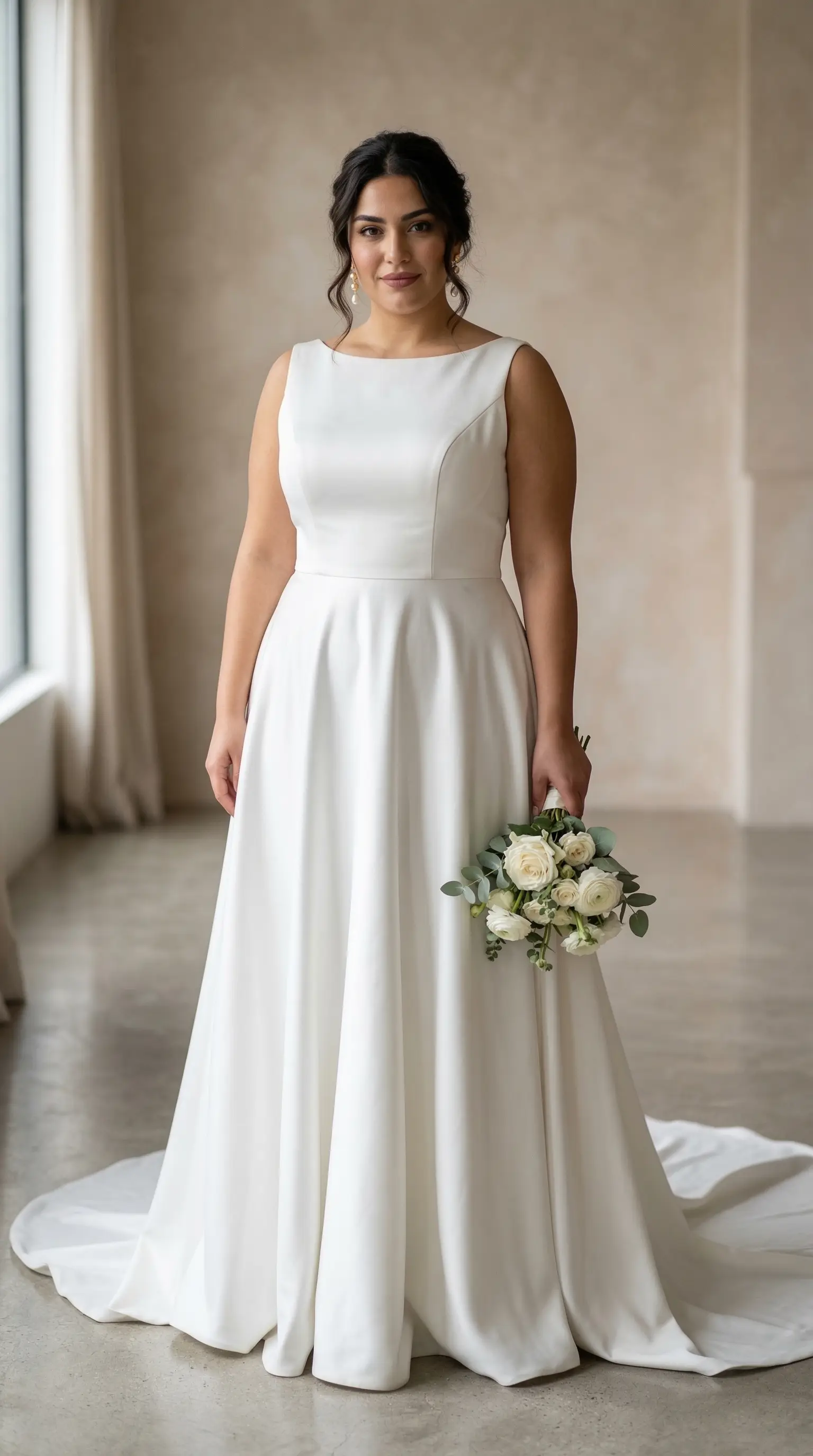 Mat saten kumaştan yapılmış büyük beden gelinlik modeli