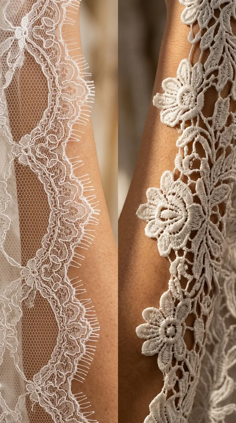 İnce Fransız danteli detayı ve kalın güpür detayı makro çekim