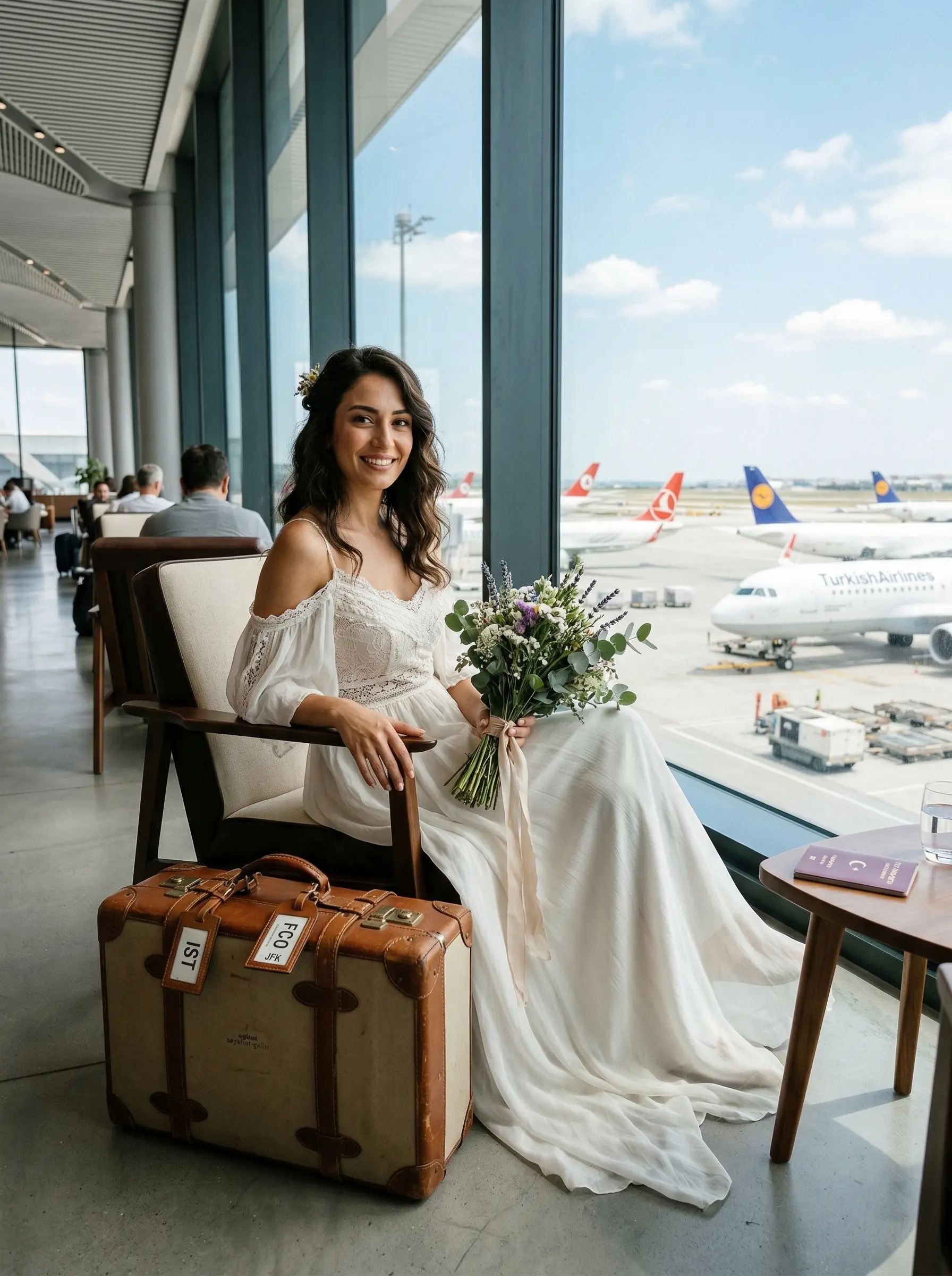 Elinde pasaportu ve vintage bavuluyla Roma sokaklarında yürüyen gelin