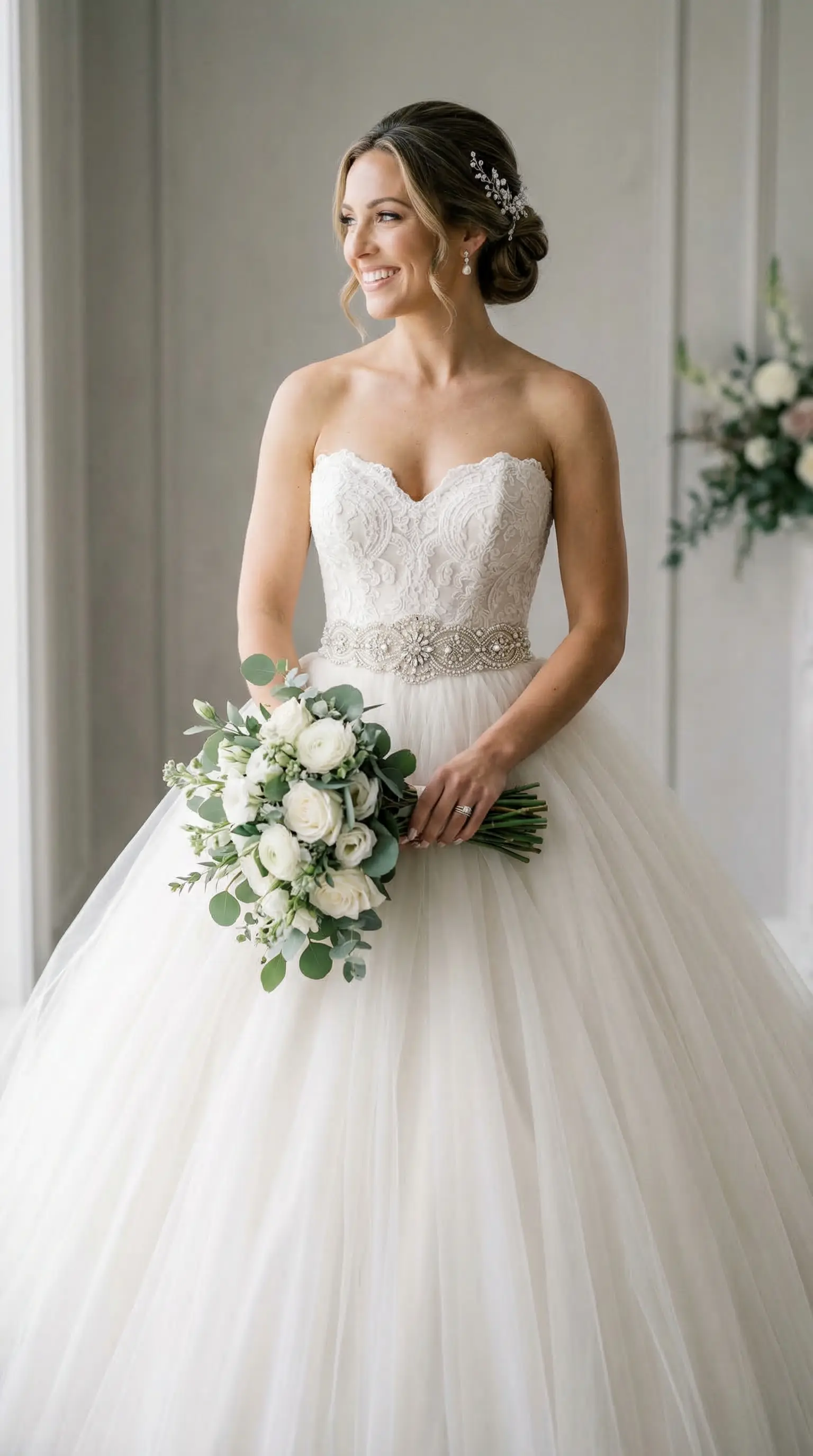 Beli kemerli, kabarık etekli gelinlik modeli