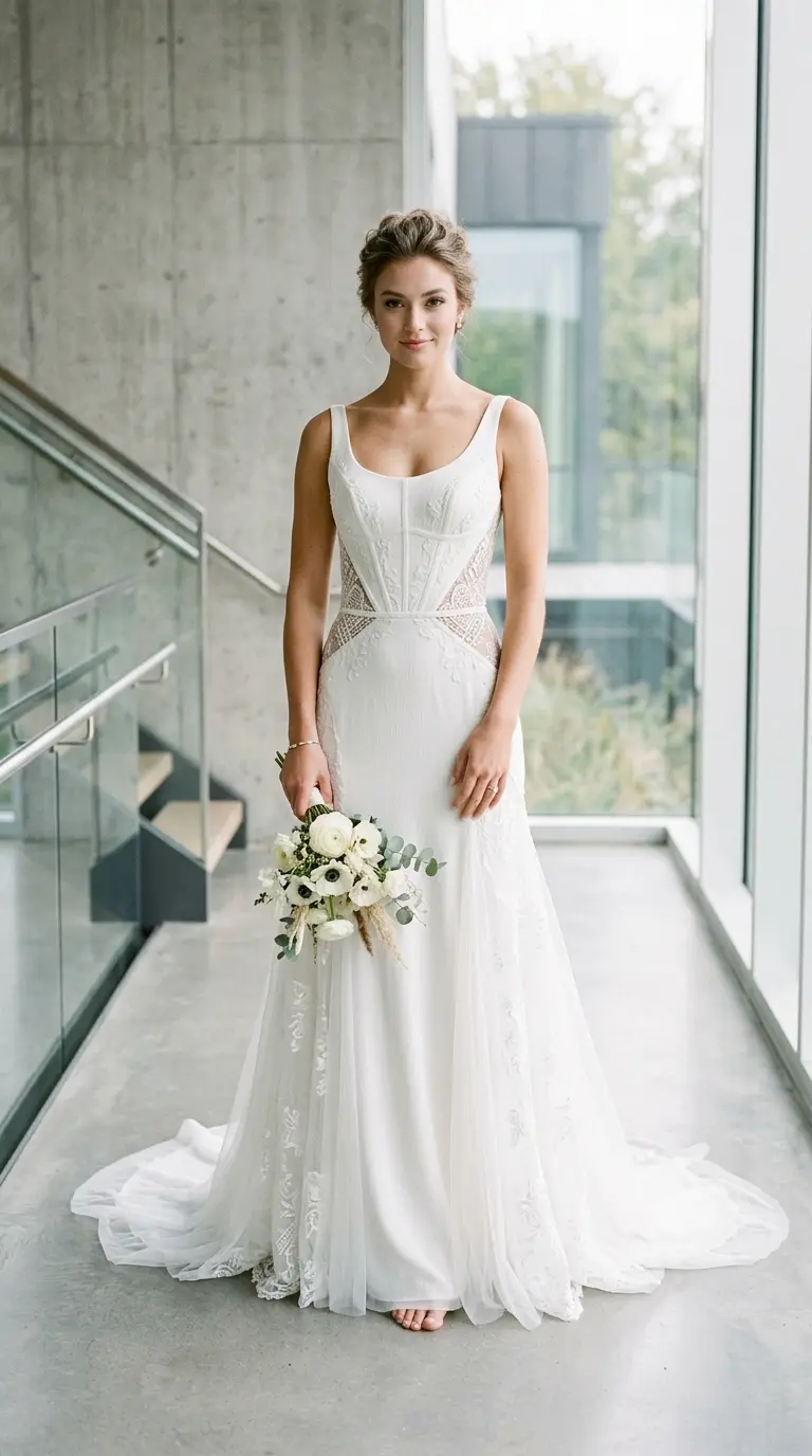 Belden kesik, korse üstlü gelinlik modeli