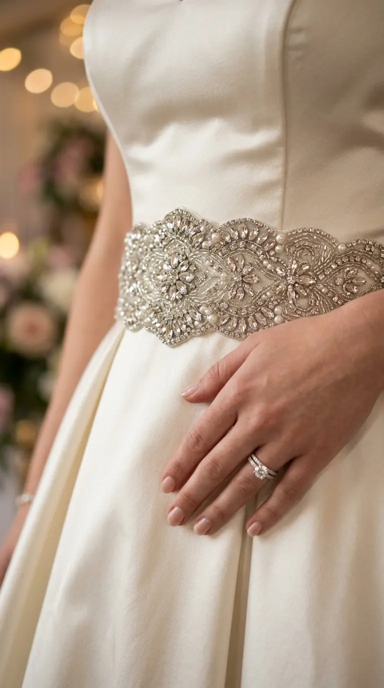 Taşlı kemerli gelinlik detayı