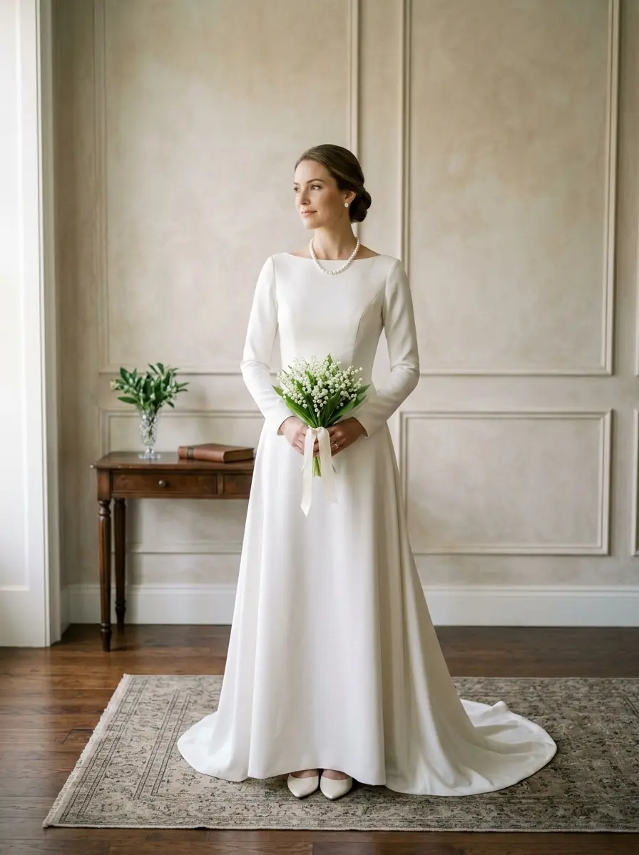 Dümdüz, işlemesiz ama kalıbı kusursuz oturan mat saten bir gelinlik giymiş, boynunda inci kolye olan zarif bir gelin