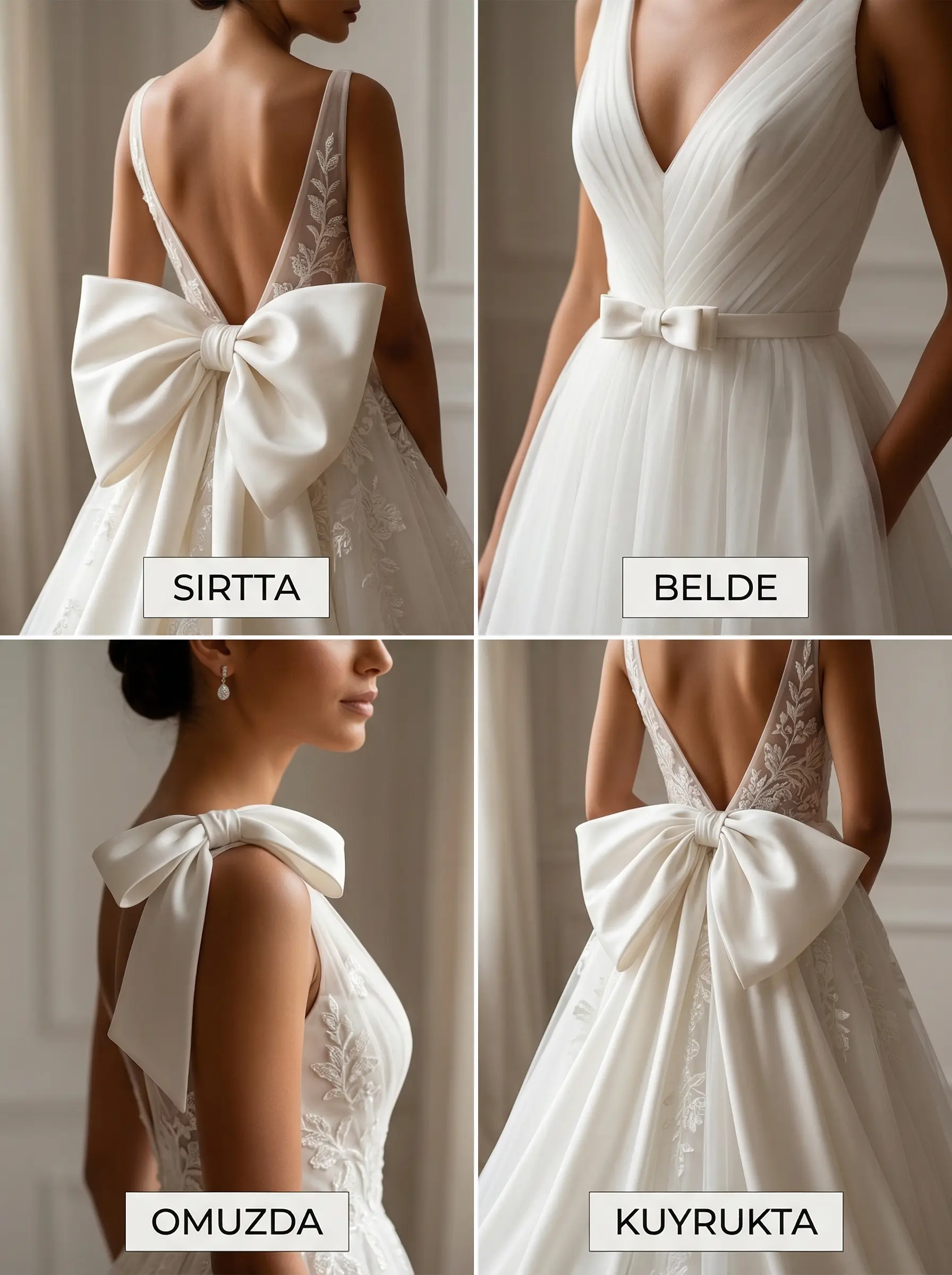 Gelinlikte fiyonk yerleşim seçenekleri: sırt, bel, omuz ve kuyruk bölgesi