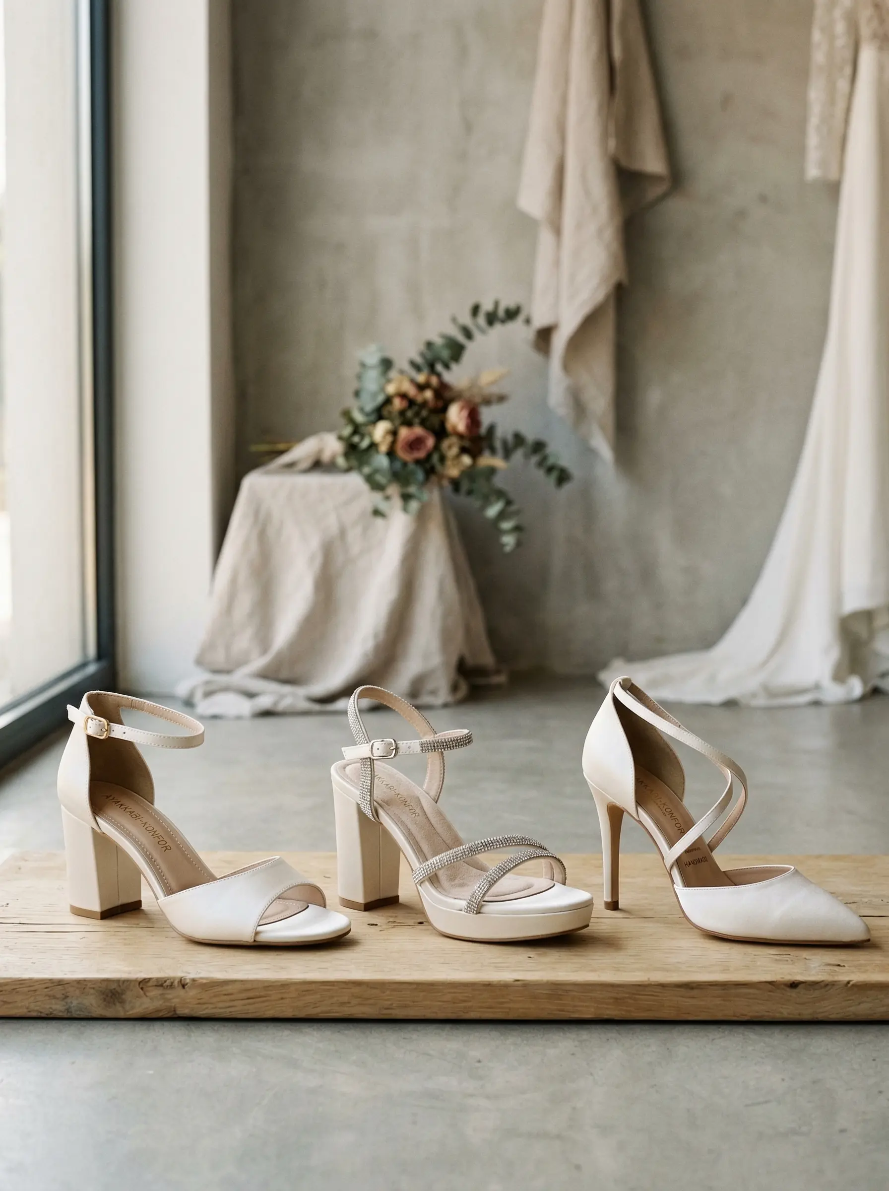 Gelinliğinin eteğini hafifçe kaldırmış konforlu ayakkabısıyla gülen gelin