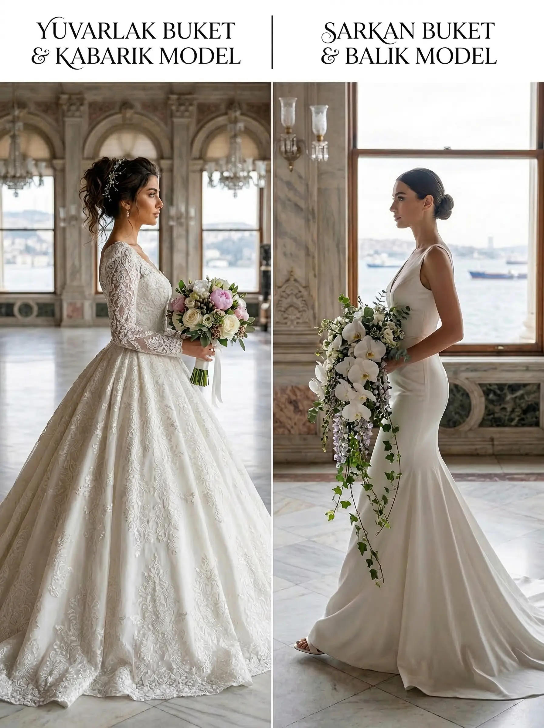 Gelinlik modeline göre seçilmiş farklı gelin buketi formları