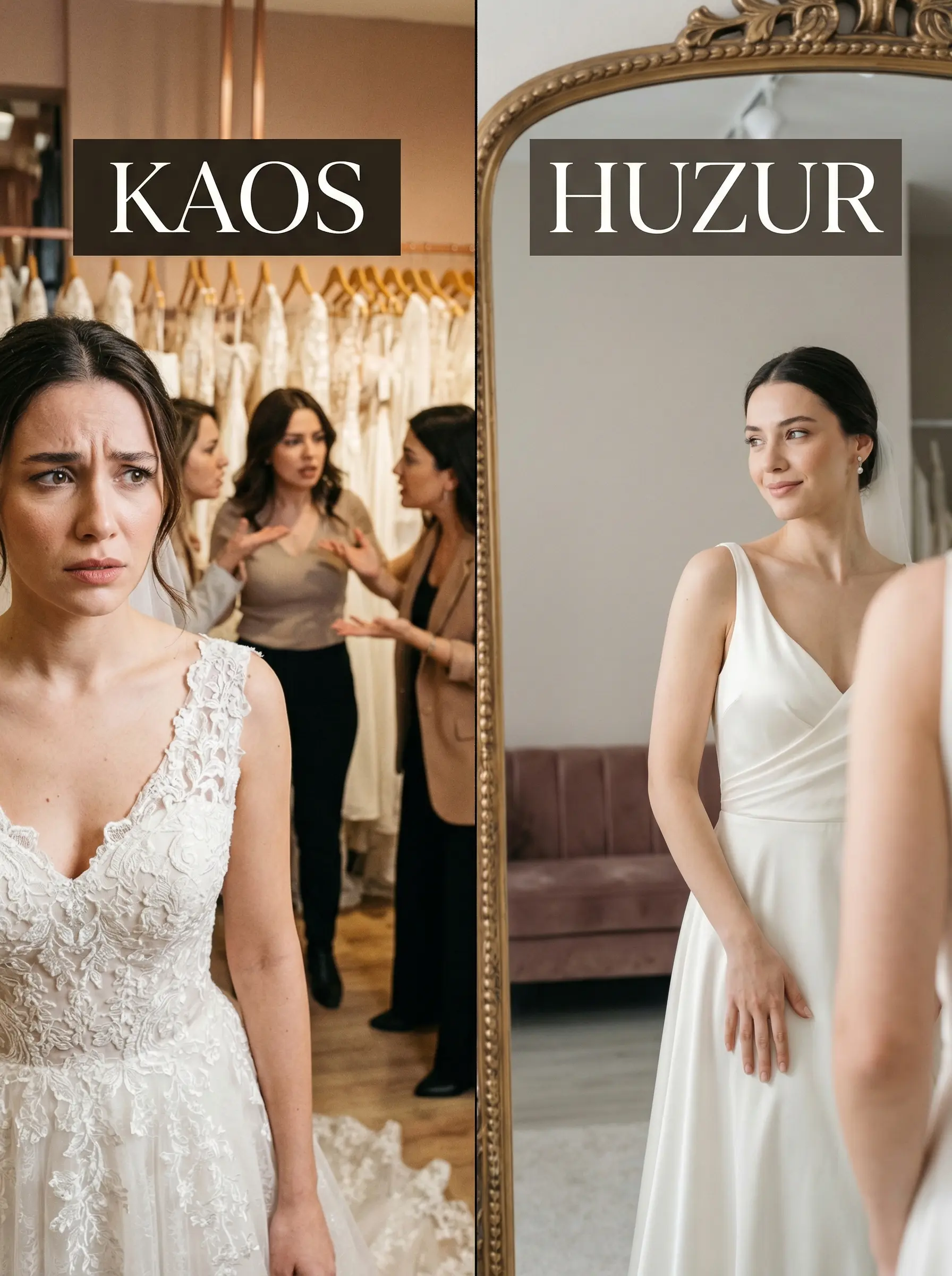 Bir yanda kafası karışmış gelin ve tartışan kalabalık, diğer yanda huzurlu ve tek başına karar veren gelin