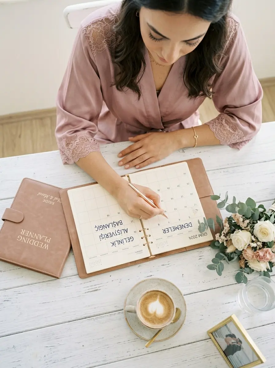 Elinde takvim ve kahve ile not alan, huzurlu ve organize bir gelinin flat lay tarzı estetik görseli