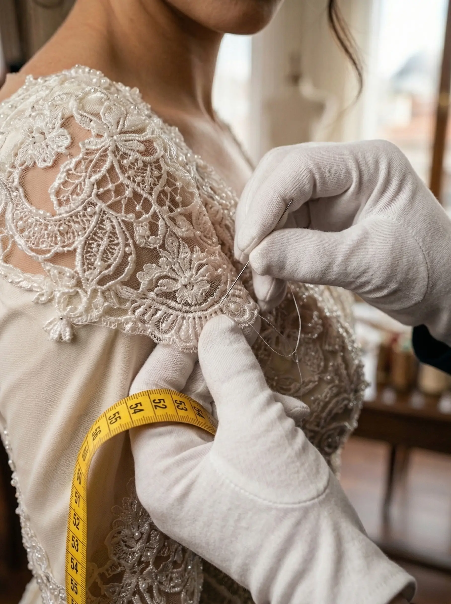 Atölyede gelinlik provası yapan uzman terzi ve gelin