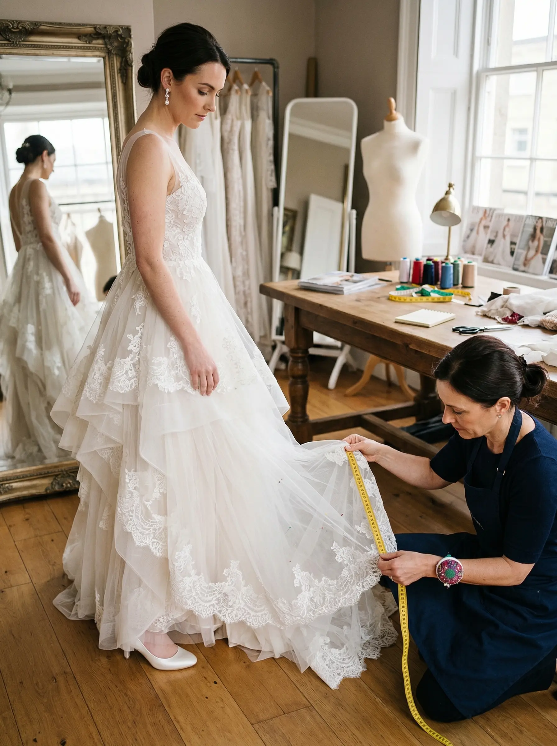 Elinde mezura olan bir terzinin, aynada kendine bakan gelinin etek boyunu ölçtüğü detaylı ve profesyonel bir atölye görseli