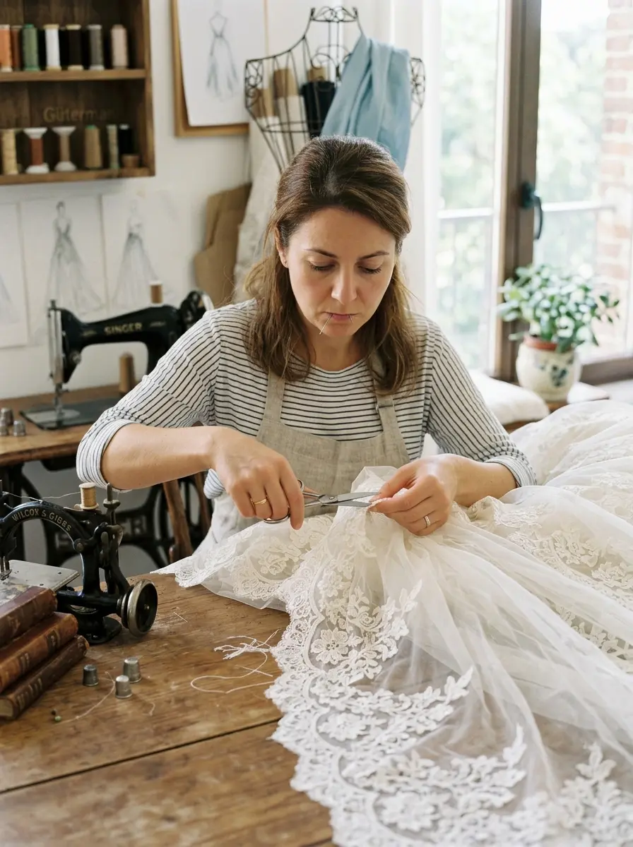 Dantel bordürlü bir gelinlik eteğini söken, ağzında iğne, elinde makas olan ve çok dikkatli çalışan bir terzi