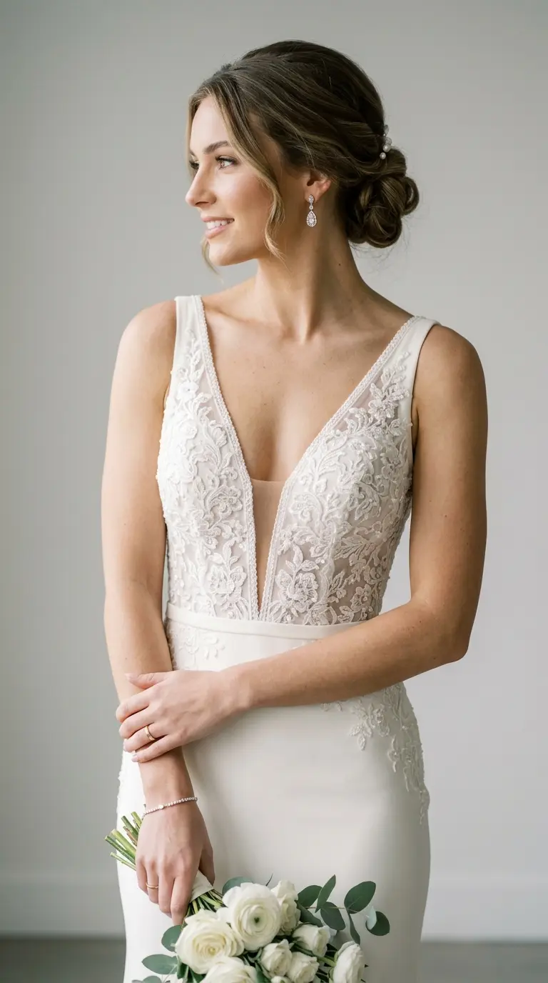 Derin V yakalı gelinlik modeli