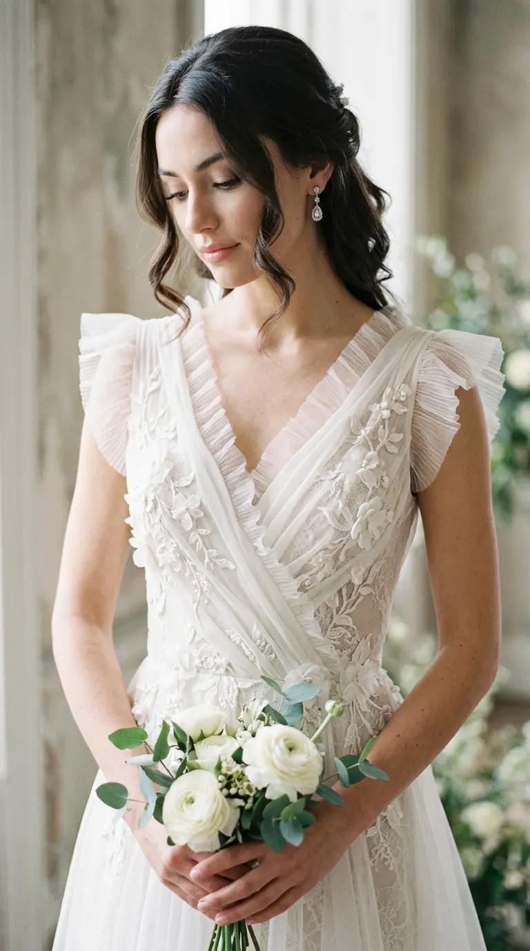 Drapeli göğüs detaylı gelinlik modeli