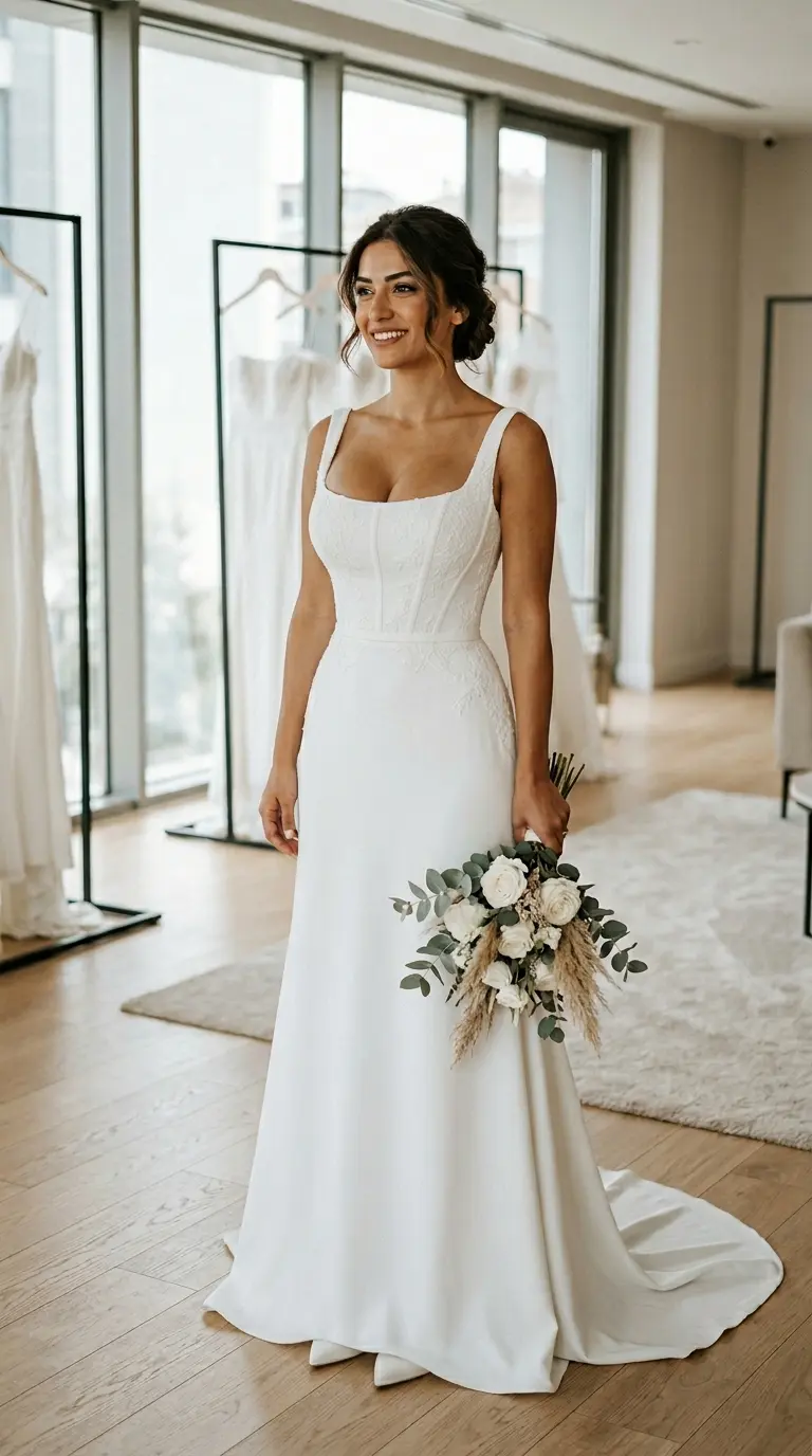 Kare yakalı, destekli gelinlik modeli