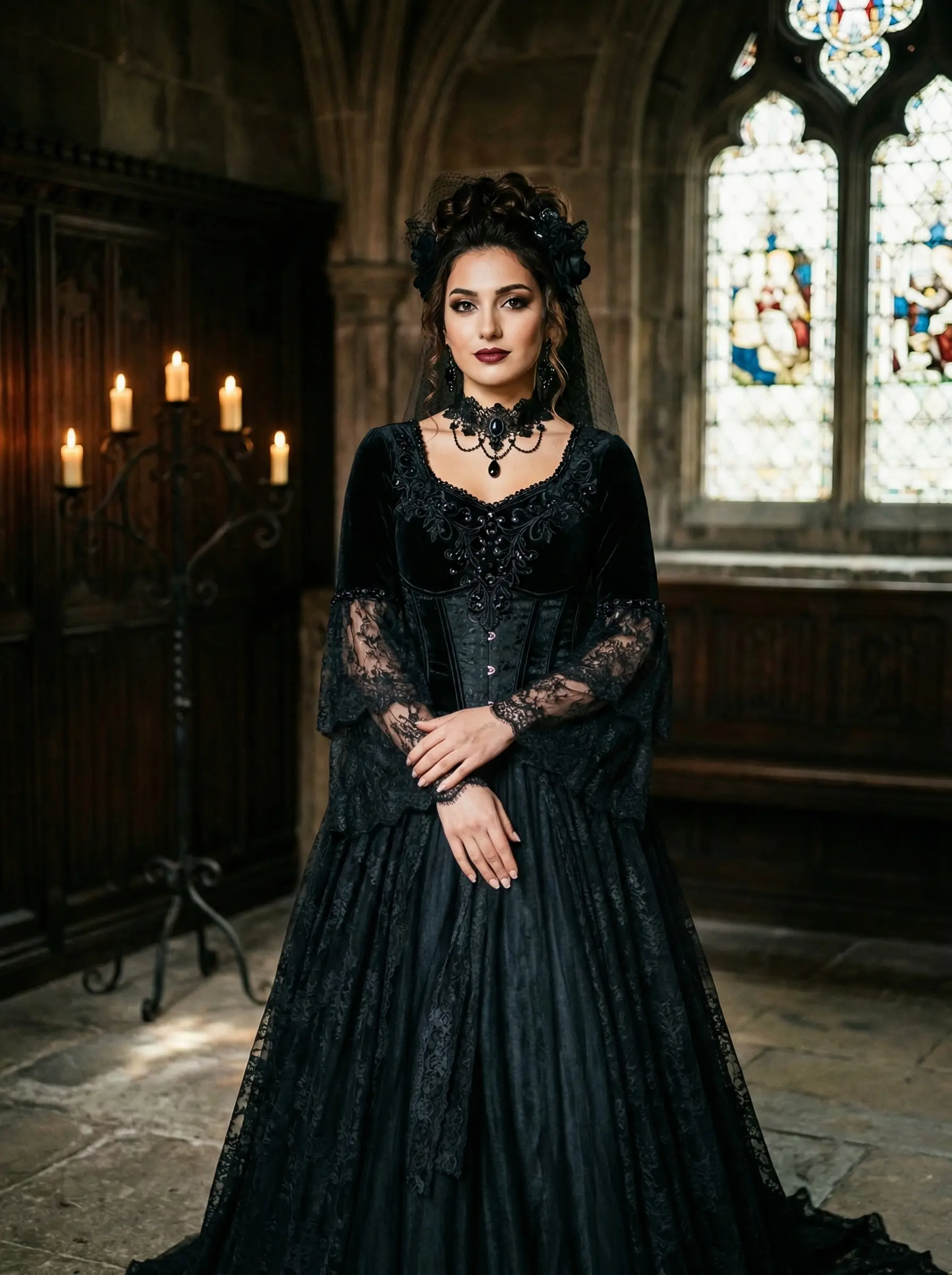 Gotik mimari önünde siyah dantelli ve uzun duvaklı alternatif gelin