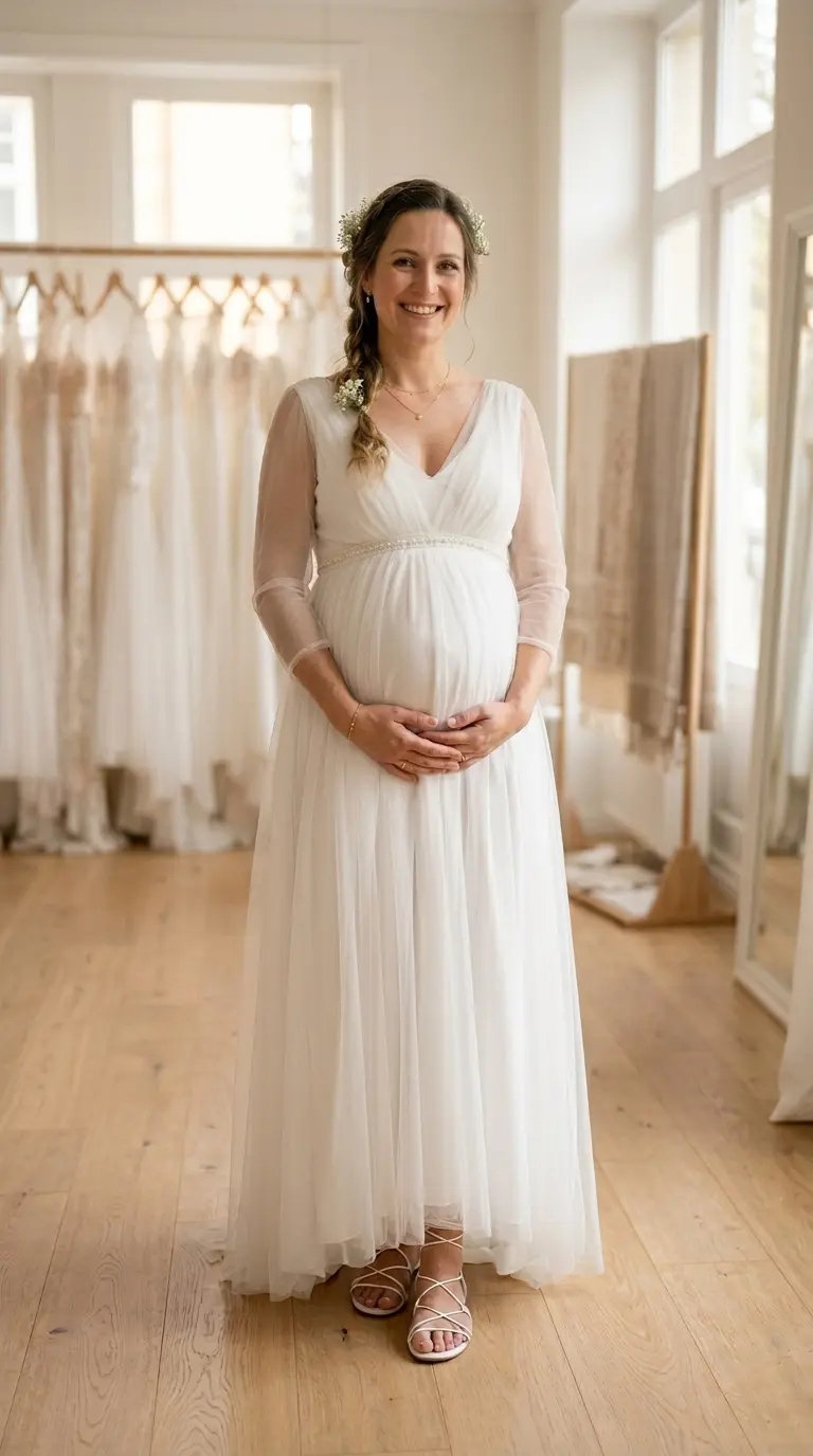 Hafif kumaşlı, rahat kesimli hamile gelinlik