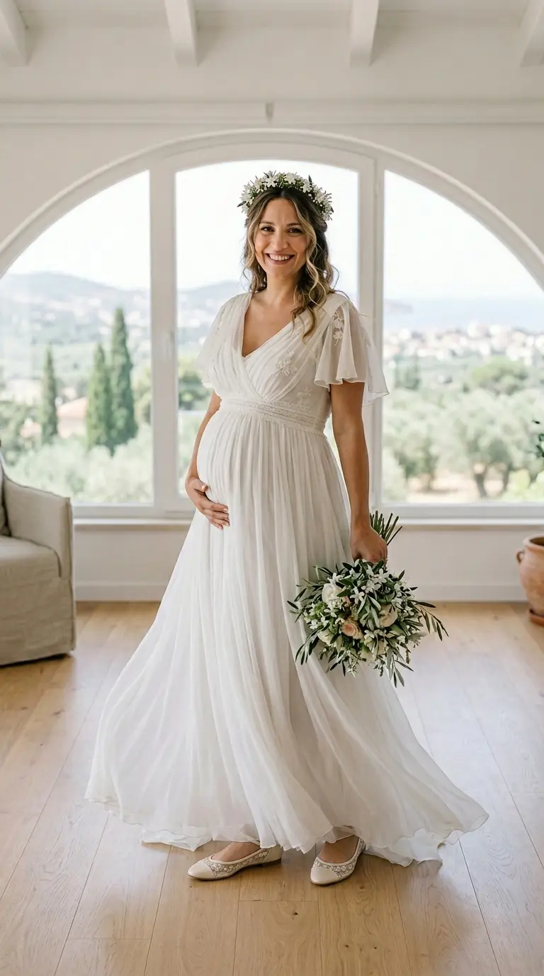 Şifon, uçuş uçuş hamile gelinlik - Helenistik kesim