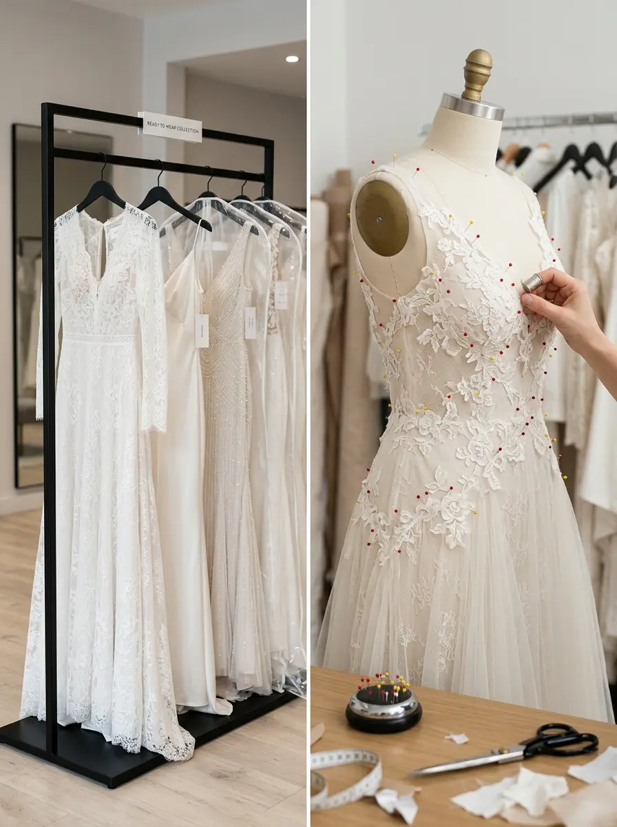 Bir yanda askıda asılı hazır gelinlikler, diğer yanda manken üzerinde iğnelenmiş prova aşamasındaki bir gelinlik