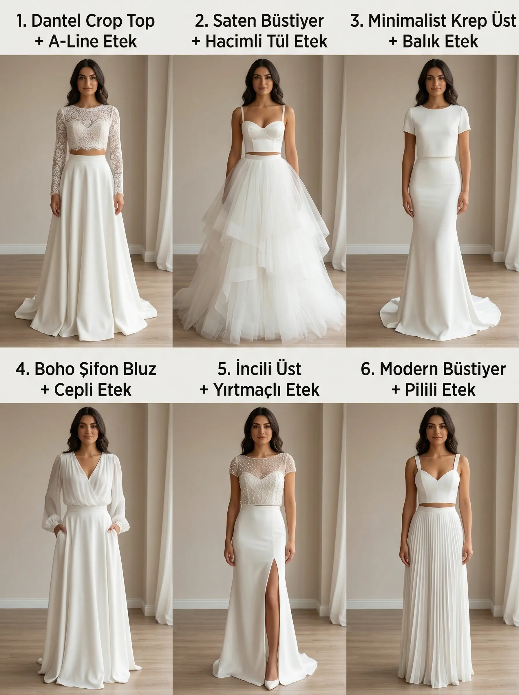 İki parça gelinlik kombinasyon seçenekleri: crop top, bustier ve farklı etek modelleri