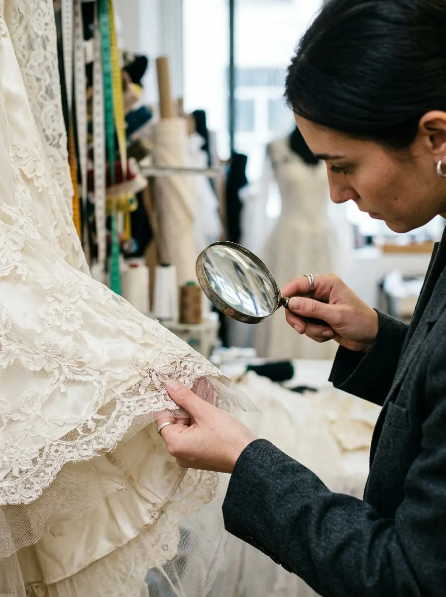 Elinde büyüteçle gelinliğin dantel detaylarını ve etek ucunu inceleyen titiz bir moda uzmanı