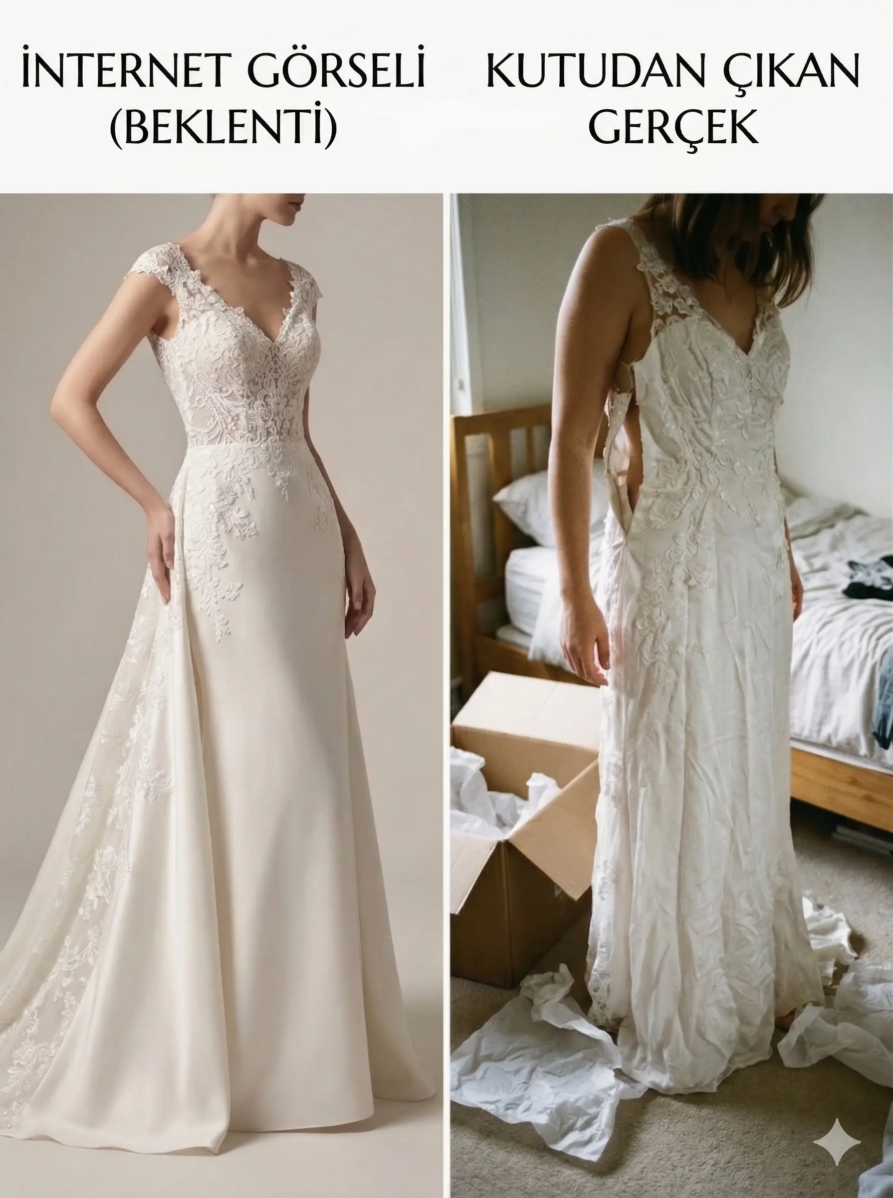 Bir yanda mükemmel bir online satış fotoğrafı, diğer yanda kutudan çıkan kötü taklit gelinliğin olduğu Expectation vs Reality görseli
