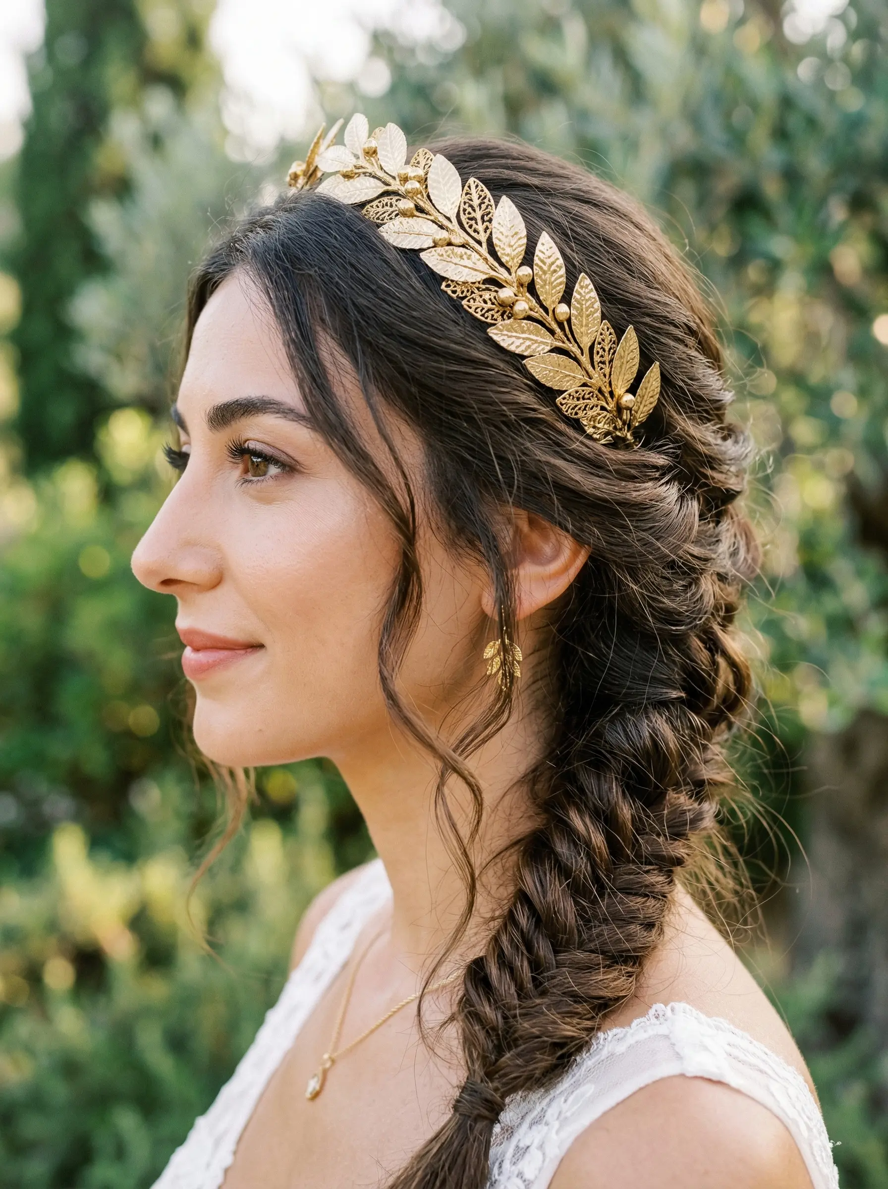 Helenistik gelinlik ile kullanılan metalik yaprak saç aksesuarı ve doğal makyaj detayı