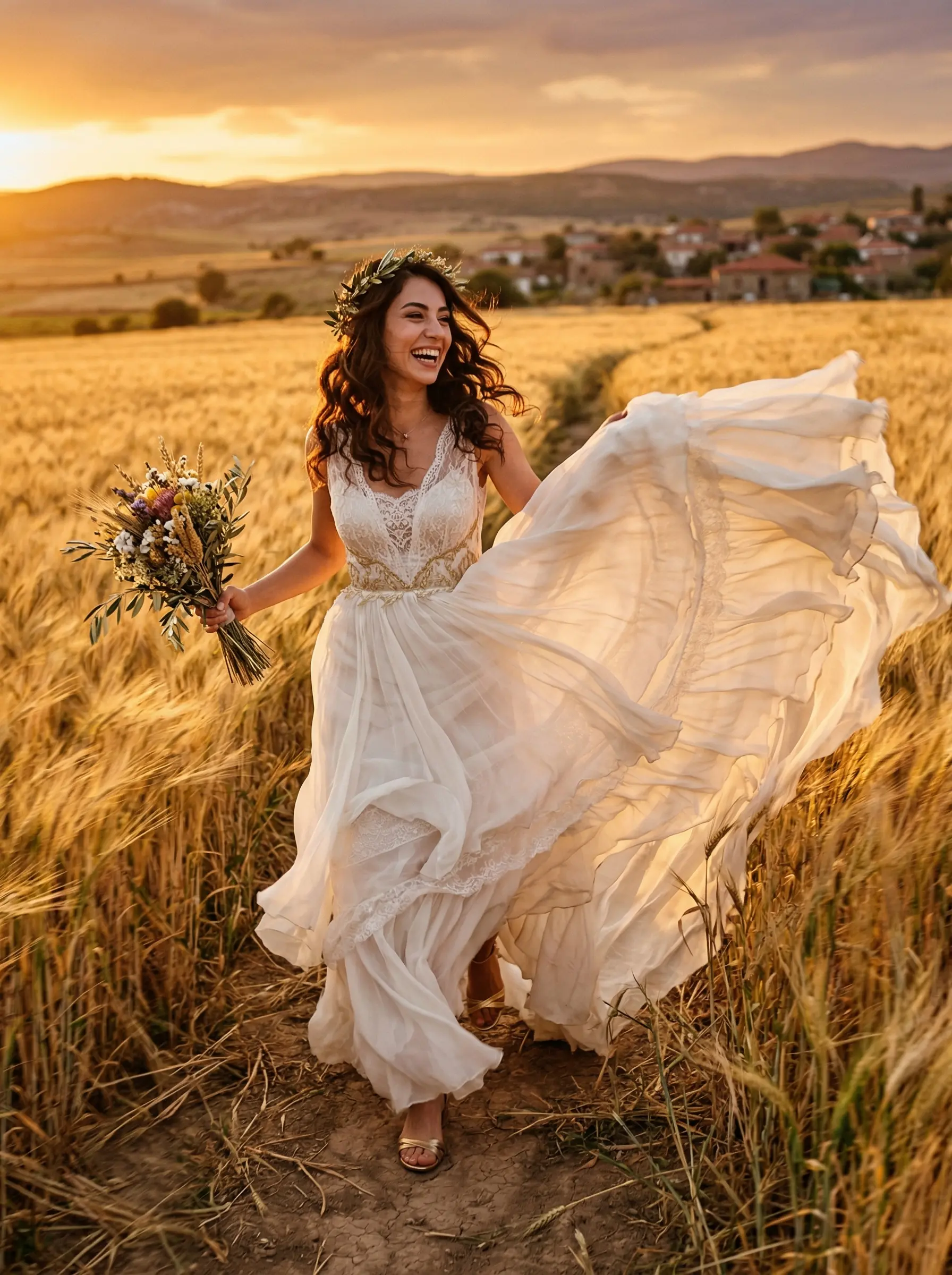 Gün batımında kırda koşan, etekleri rüzgarla uçuşan Helenistik gelinlikli gelin