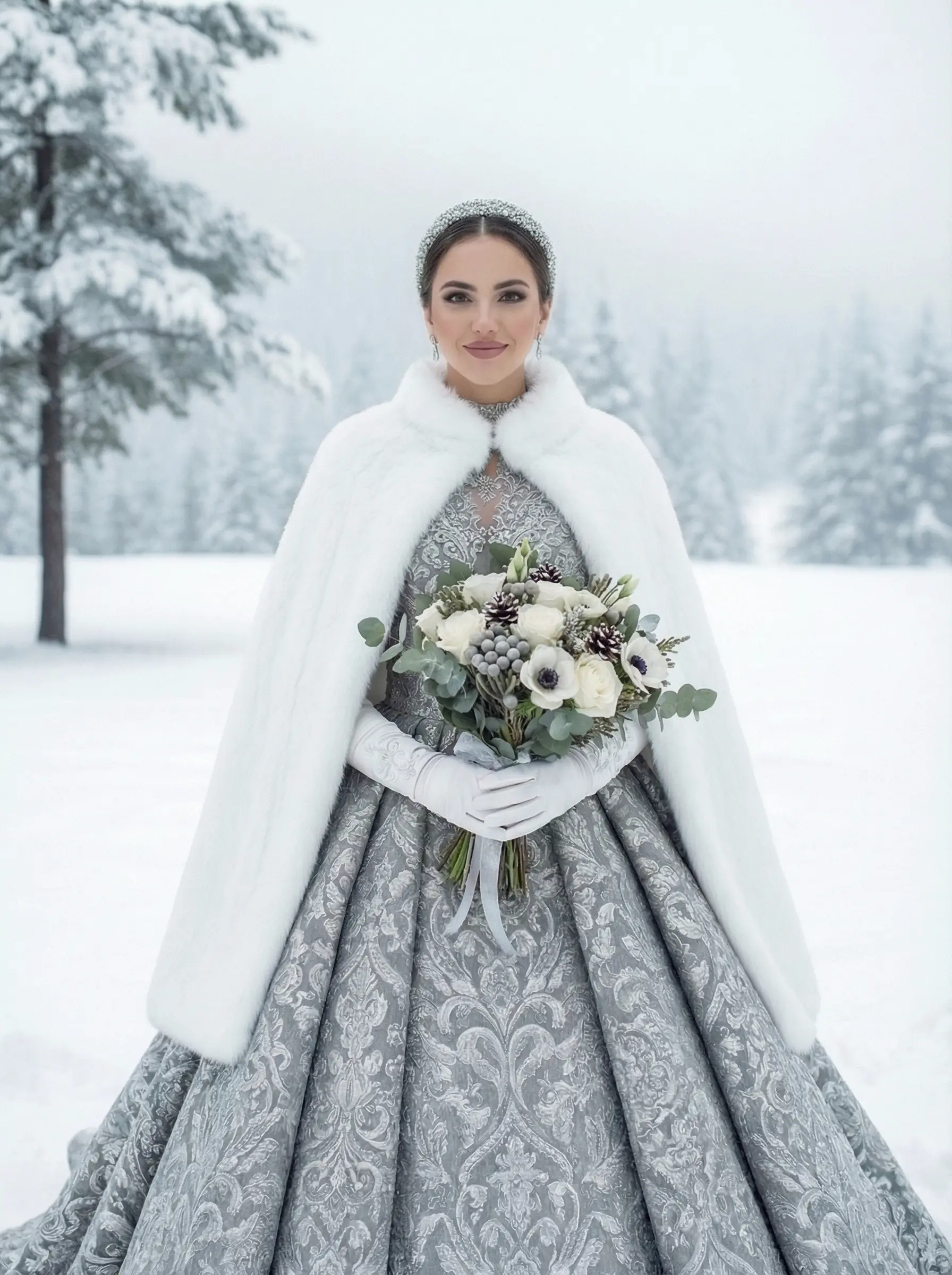Karlar içinde, tok kumaşlı ve uzun kollu gelinlik görseli