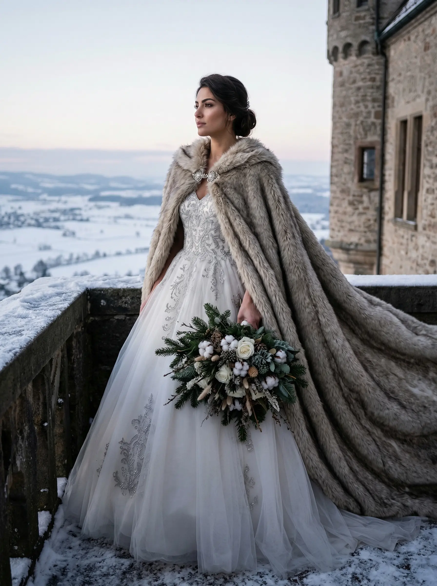 Karlı bir fonda kürk etol ve görkemli kış gelinliği giyen gelin