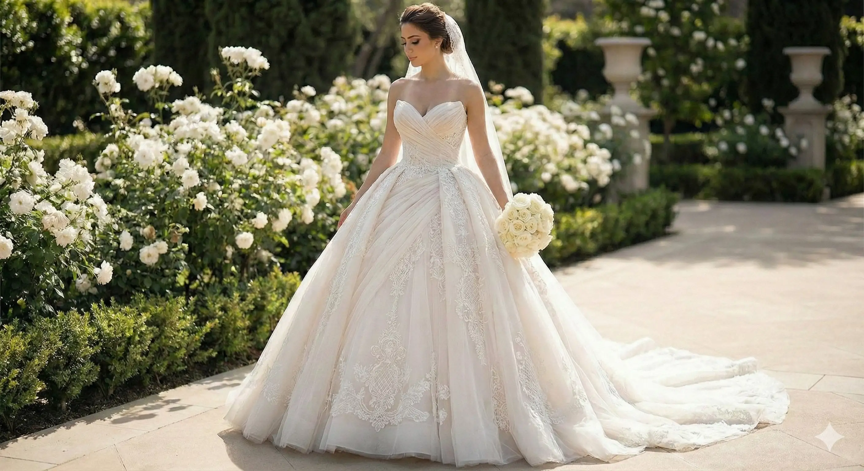 Kalp yaka detaylı ve drapeli gelinlik