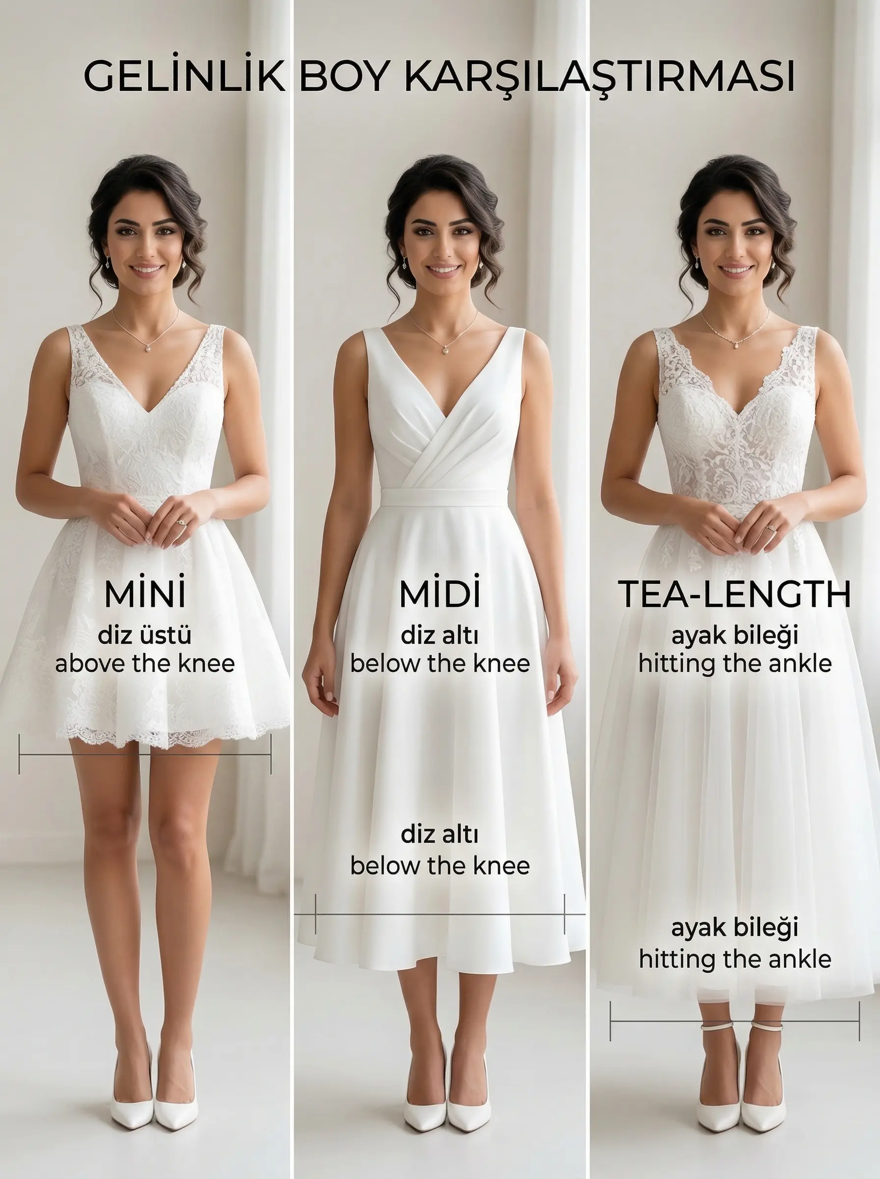 Mini, midi ve tea-length gelinlik boy karşılaştırması