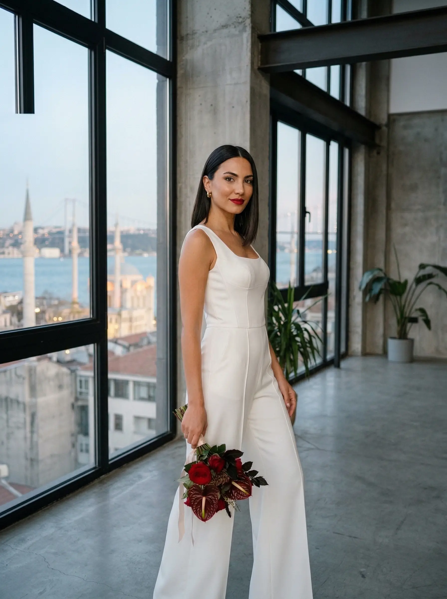 Şehir merkezinde elinde kahvesi ve güneş gözlüğüyle yürüyen modern gelin