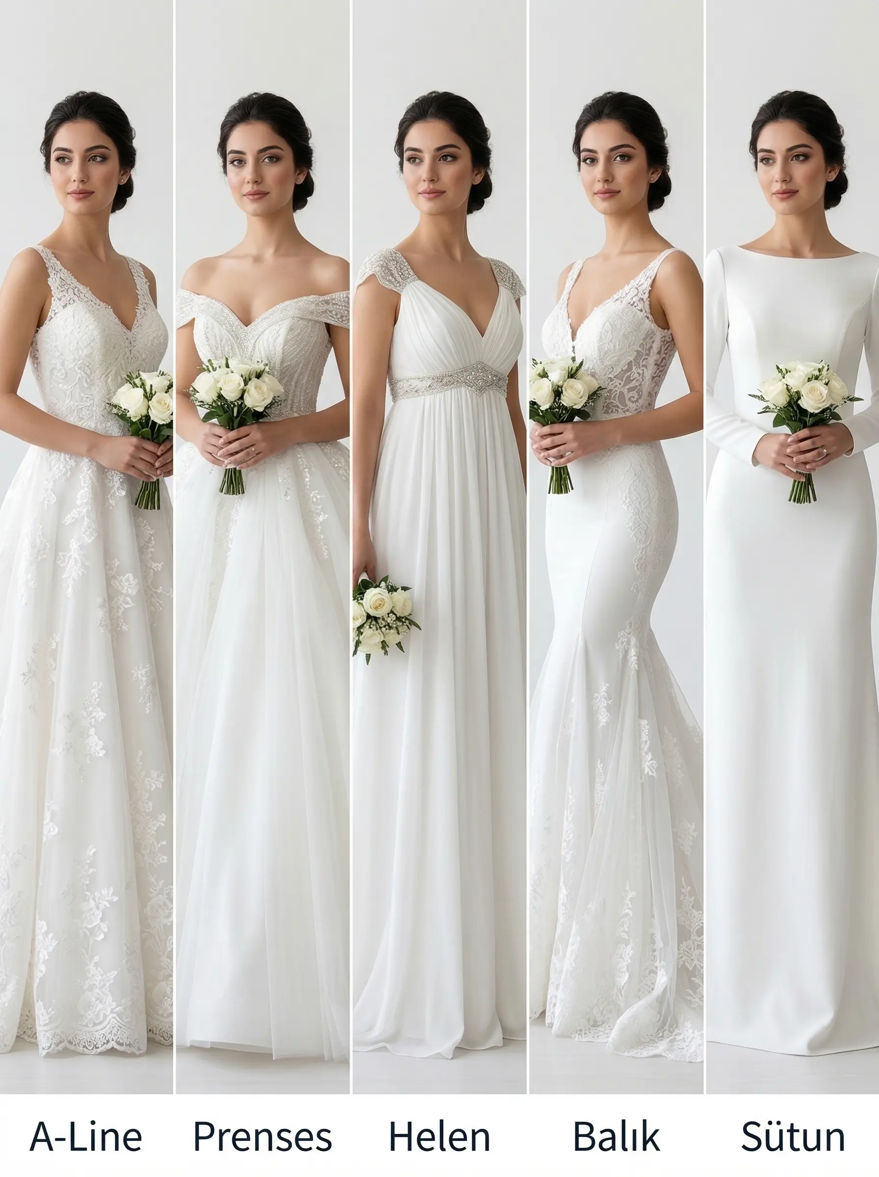 5 klasik gelinlik modelinin karşılaştırmalı görseli: A-Line, Prenses, Helen, Balık ve Sütun kesim