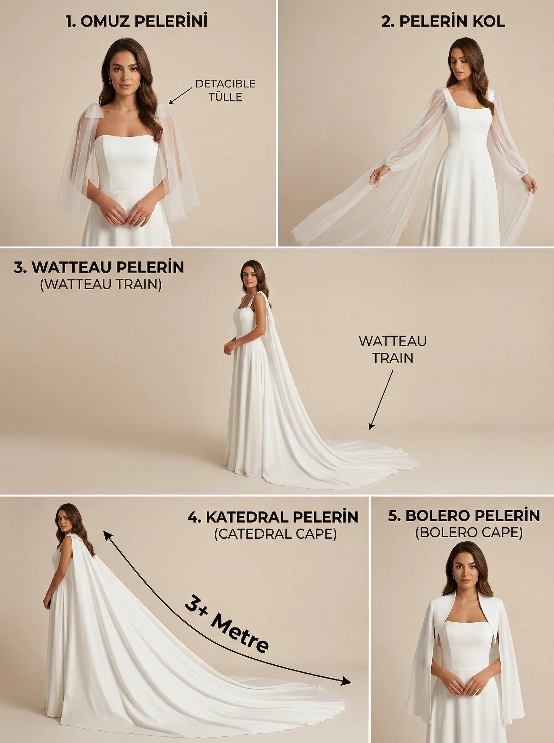 Gelinlik pelerin tipleri: omuz pelerini, cape sleeve, watteau train, cathedral ve bolero cape