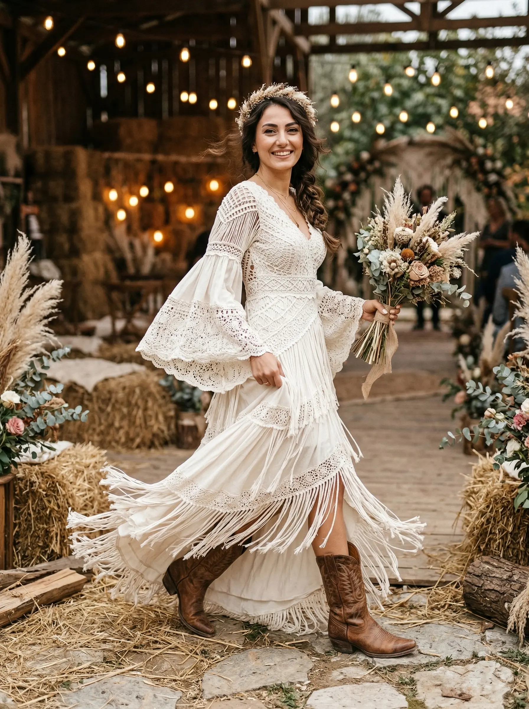Ahşap dağ evi önünde kovboy çizmeleri ve makrome gelinliğiyle gülen bohem gelin