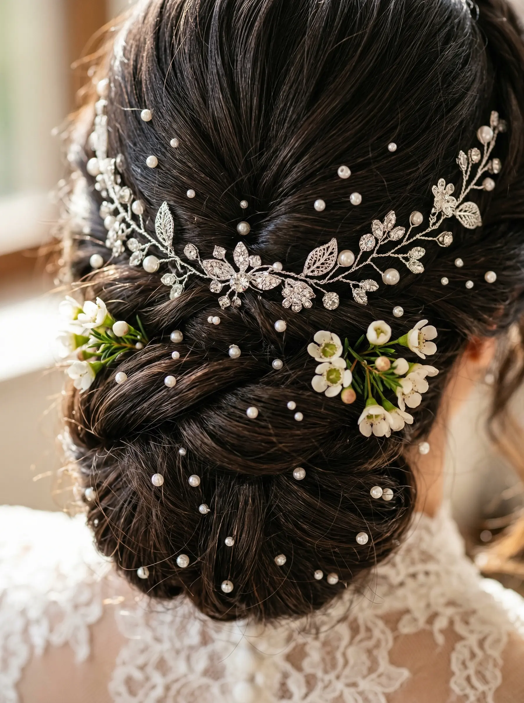 İnci serpme ve bohem zincir kullanan modern gelin saç modelleri