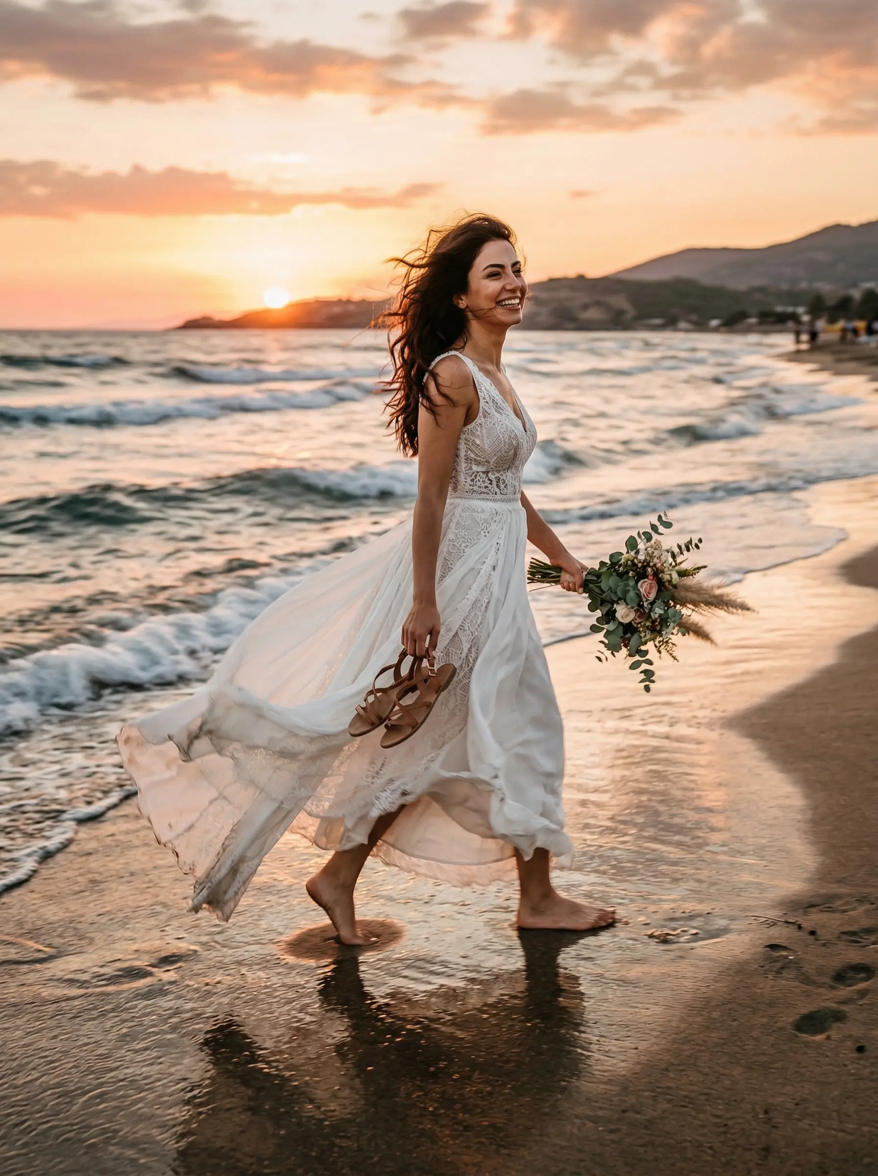 Gün batımında kumsalda ayakkabılarını eline almış yürüyen bohem gelin