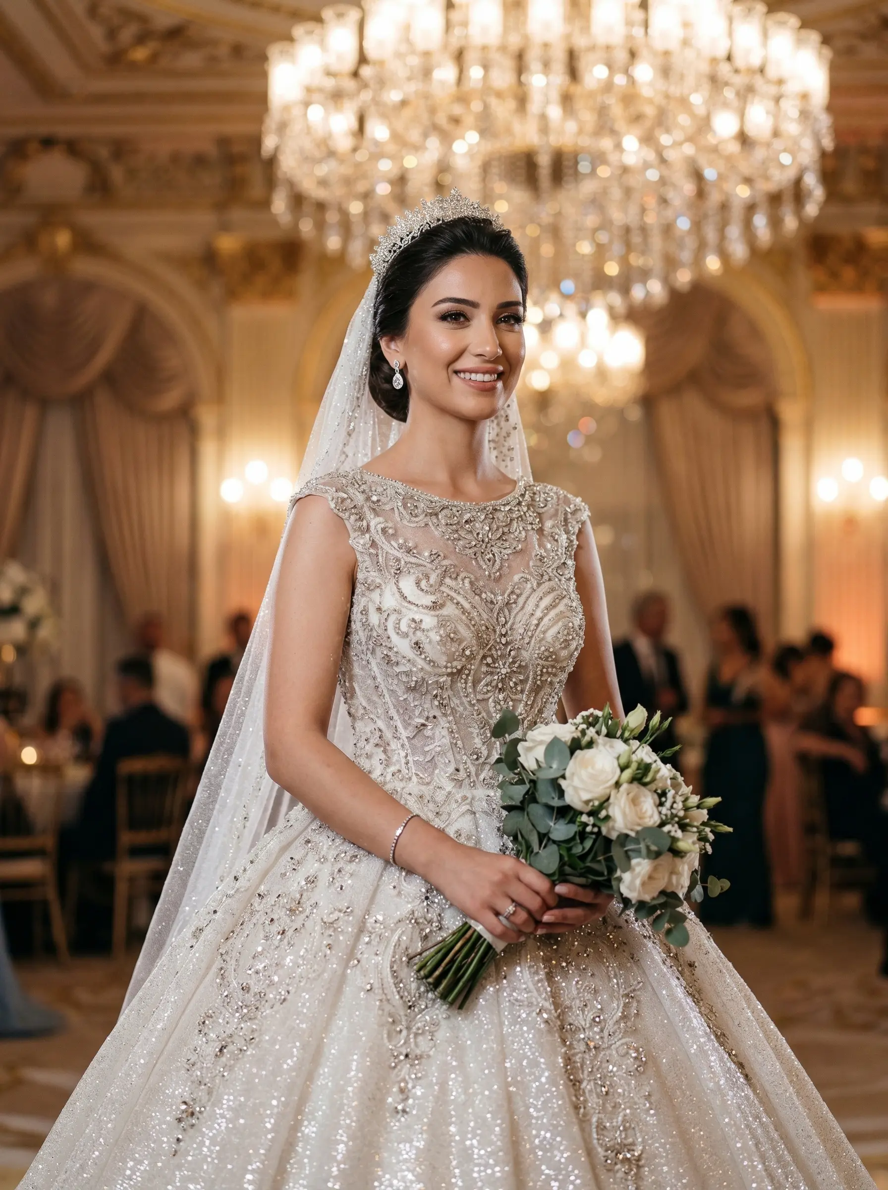 Dev avizeli balo salonunda parlayan prenses kesim gelinlik