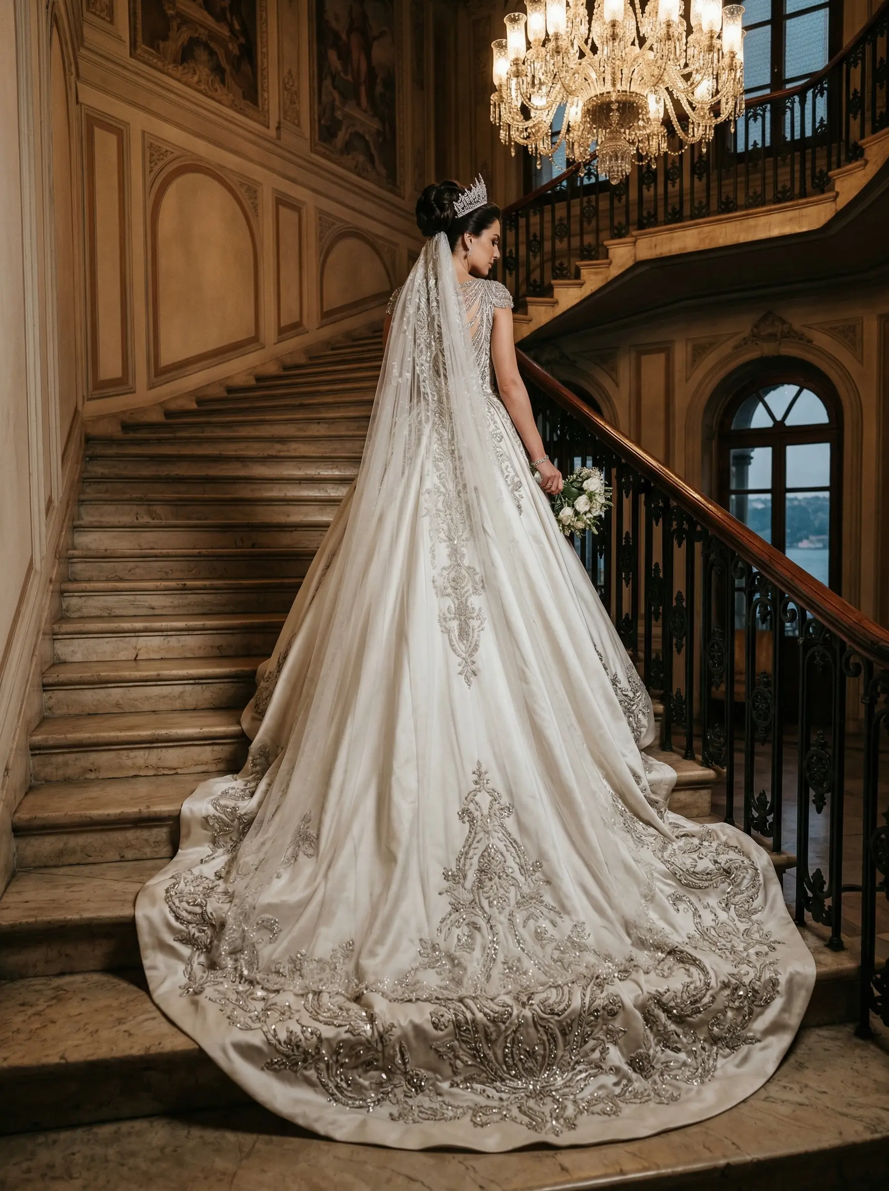 Tarihi saray merdivenlerinde metrelerce uzanan kuyruğu ve parlayan taşlarıyla arkası dönük duran gelin