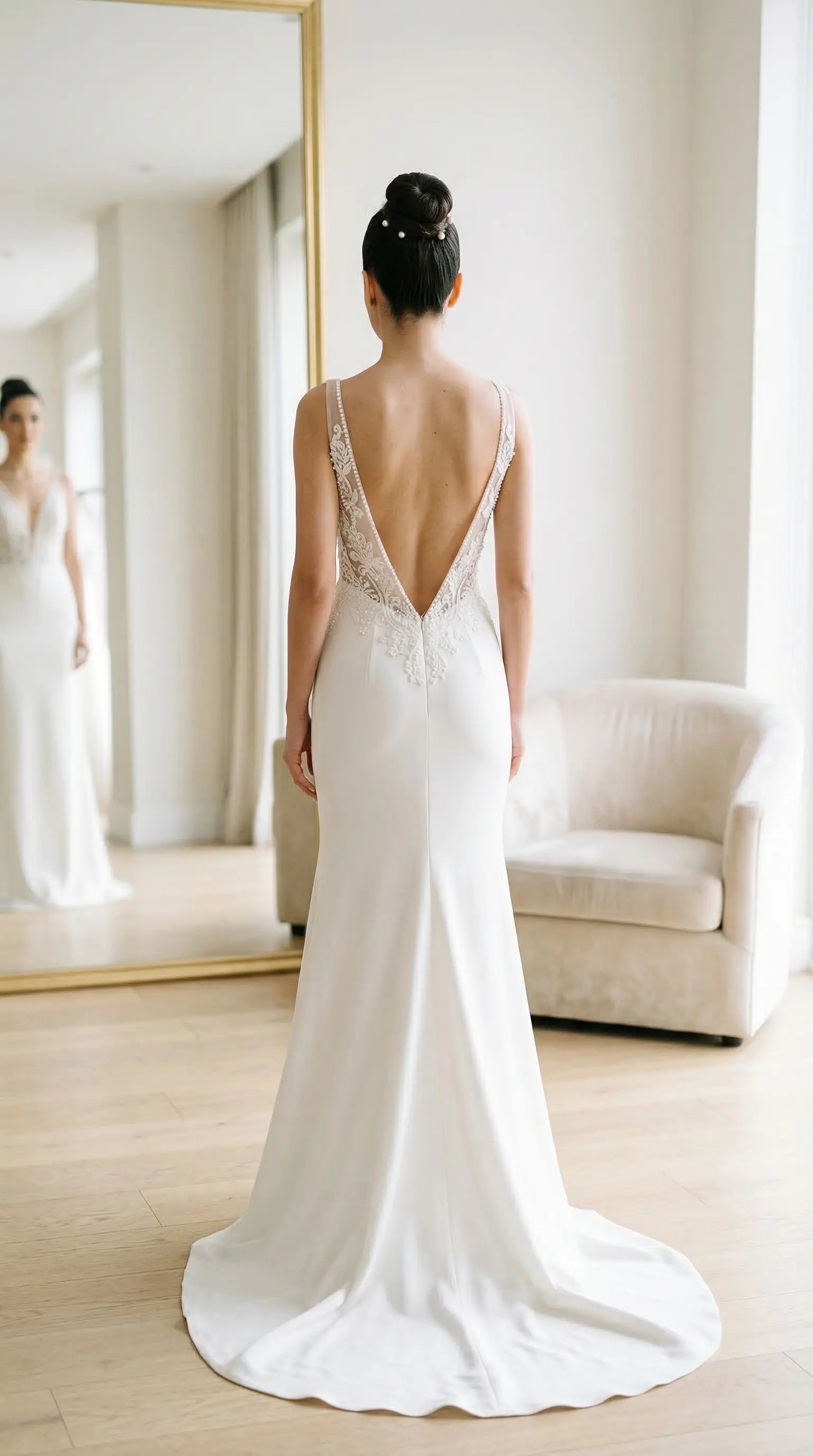 Derin sırt dekolteli, saçı yukarıdan toplanmış gelin görseli