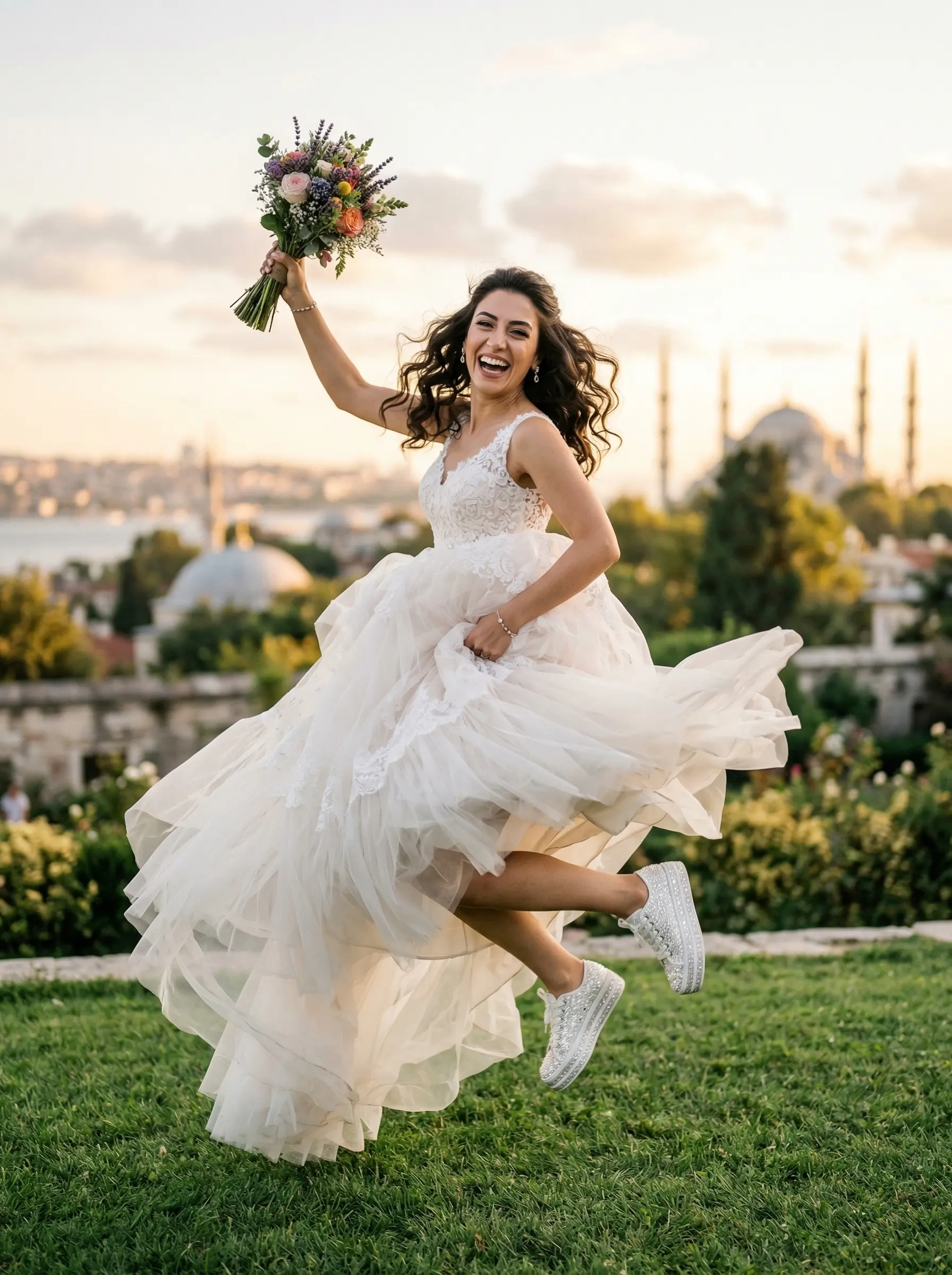 Elinde buketiyle zıplayan, gelinliğinin altından pırıltılı platform sneakerları görünen enerjik gelin