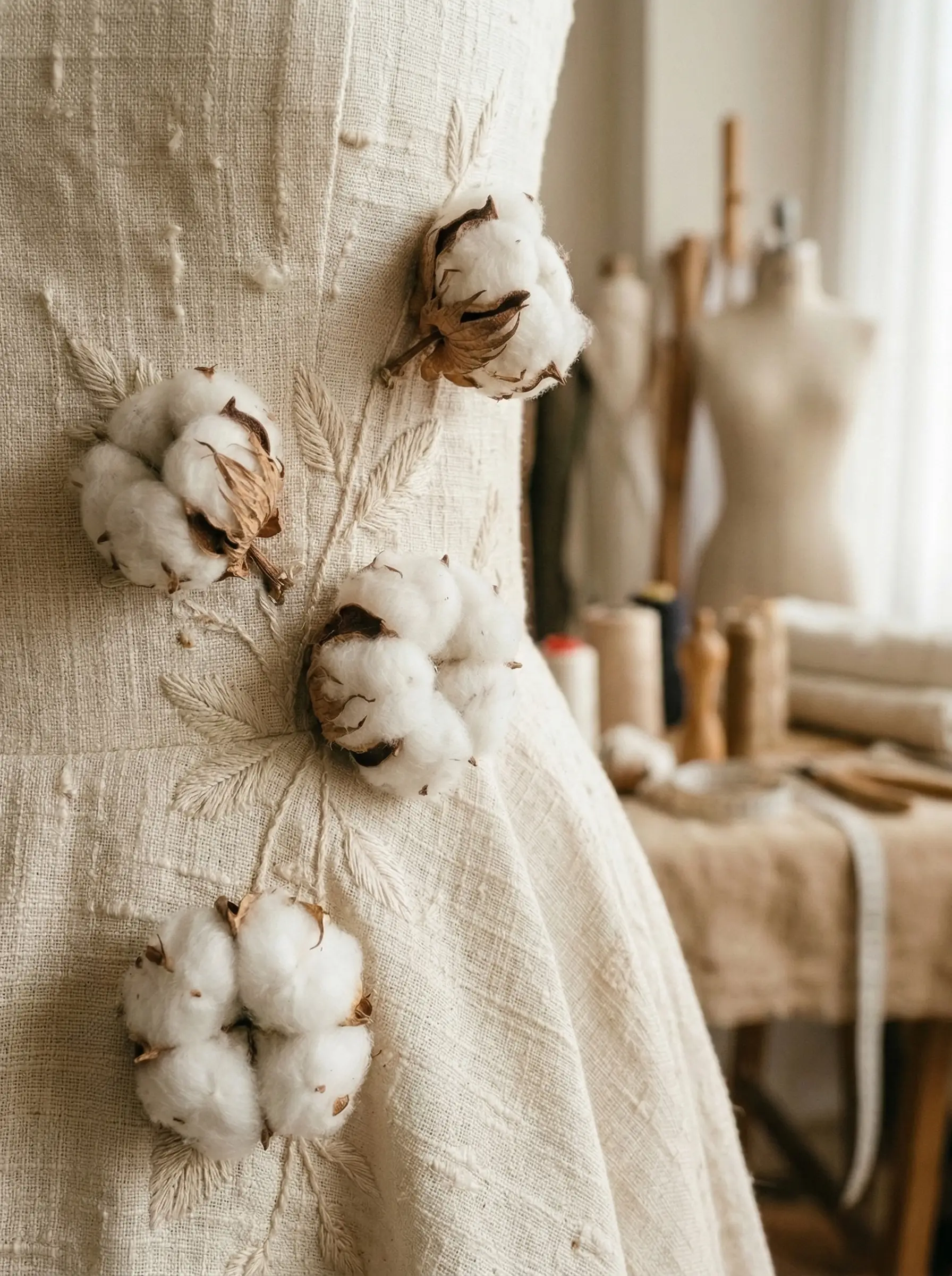 Ham ipek ve doğal pamuk kozalarıyla süslenmiş gelinlik detayı