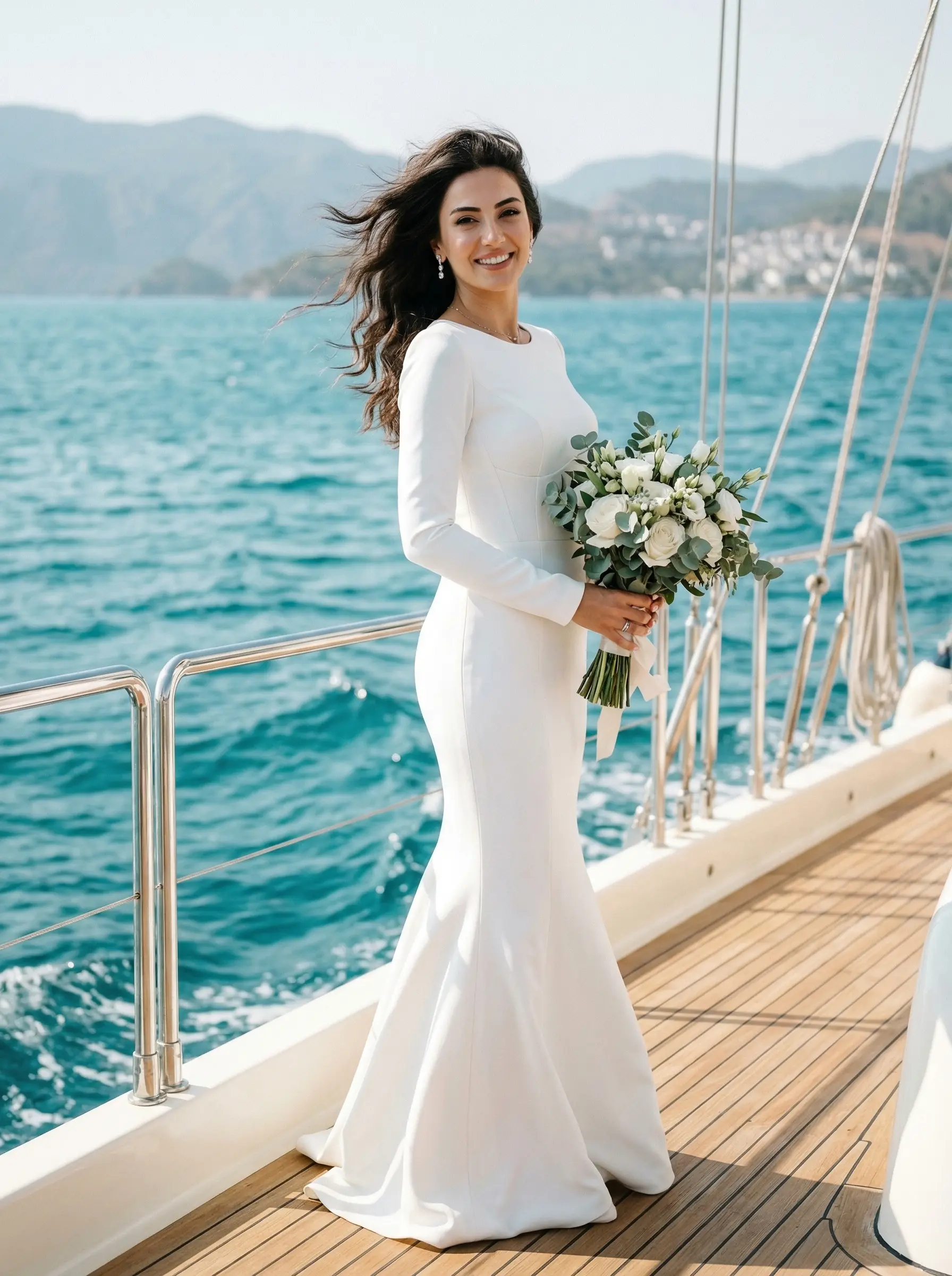 Lüks yat güvertesinde rüzgarlı havada balık model gelinliğiyle duran gelin