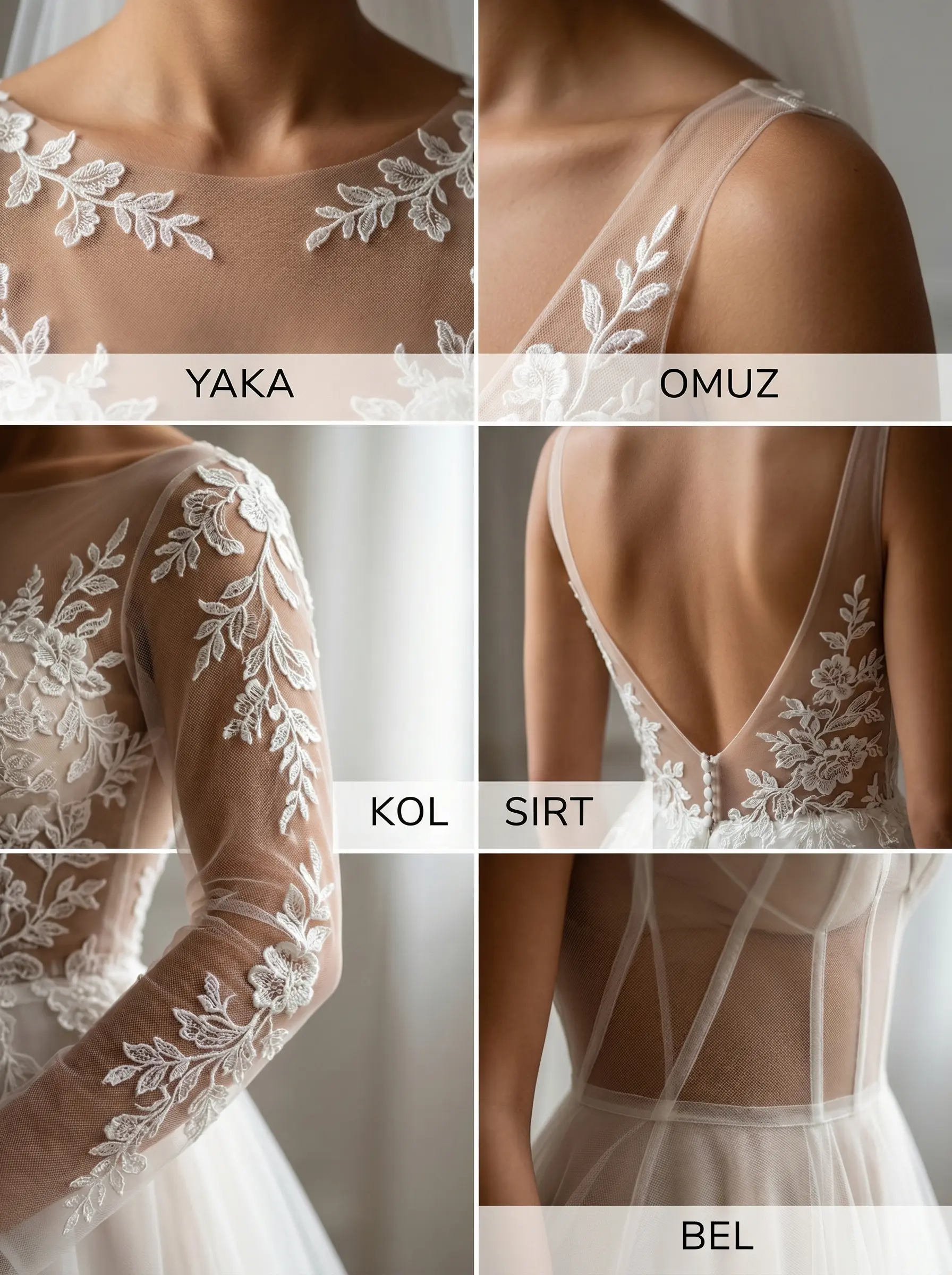 İllüzyon detay kullanım bölgeleri: yaka, omuz, kol, sırt ve bel detayları