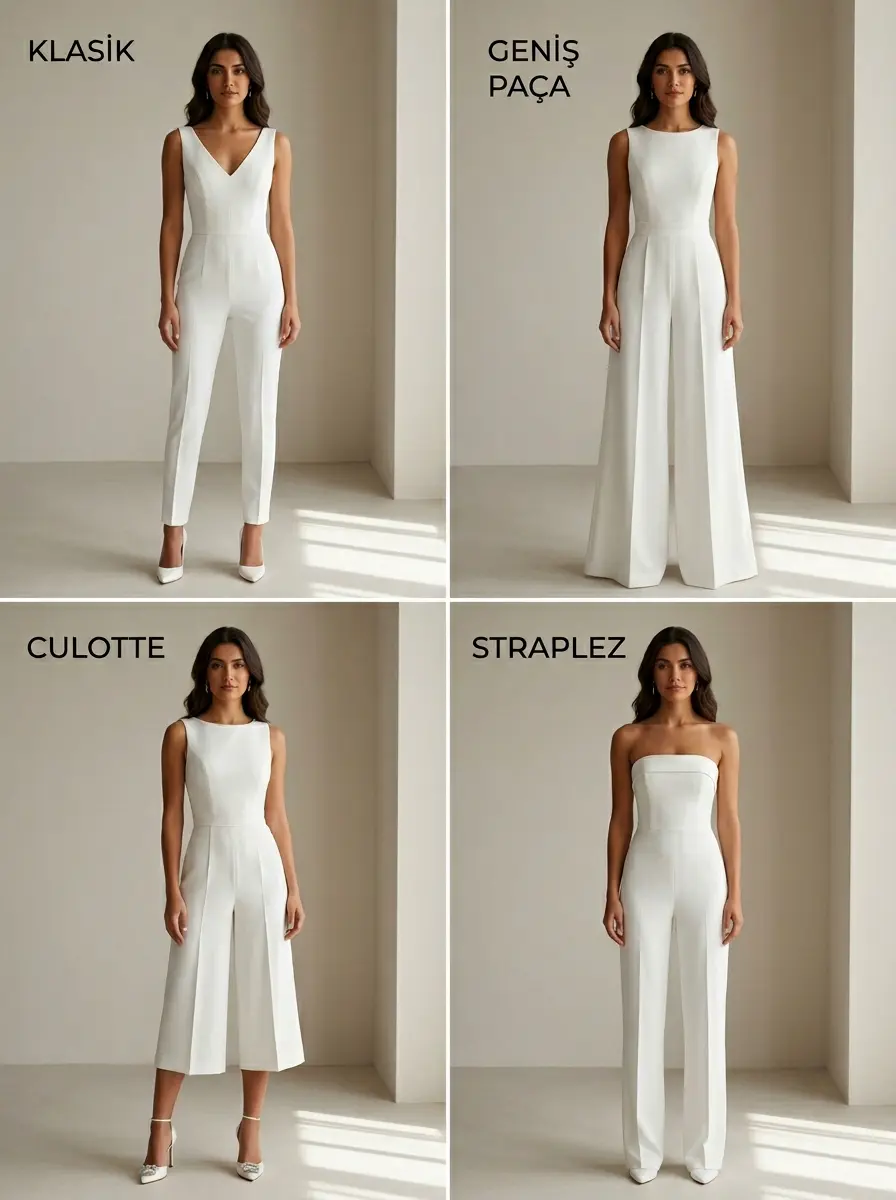 Gelinlik tulum stil varyasyonları: klasik, wide-leg, culotte ve strapless modeller