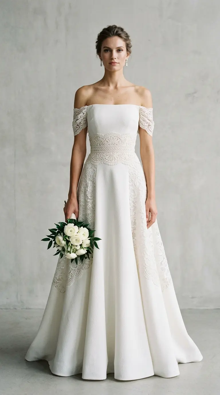 Bel kemerli, düşük omuzlu uzun gelinlik