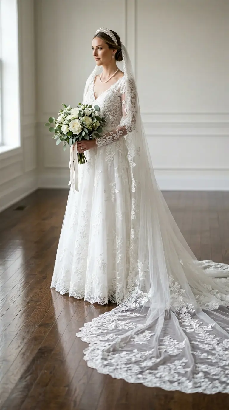 Etek ucu yere değen, uzun duvaklı gelinlik