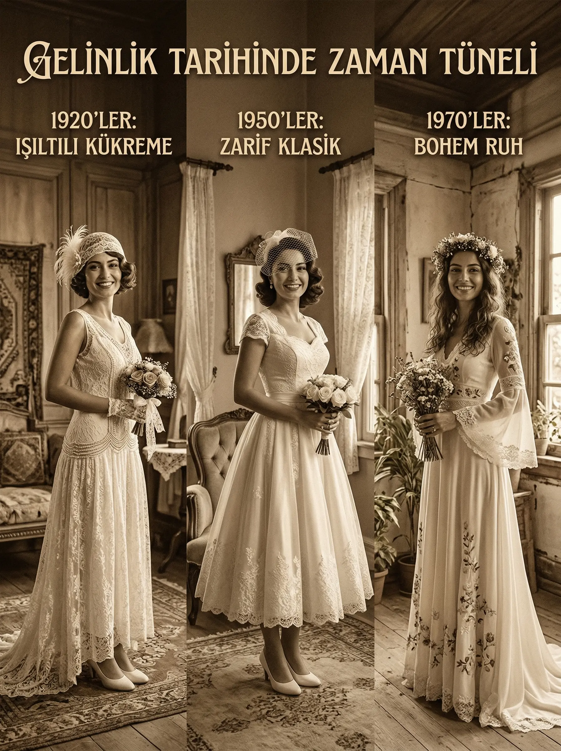 Sepya tonlarında 20ler, 50ler ve 70ler stilini yansıtan vintage gelinlik kolajı