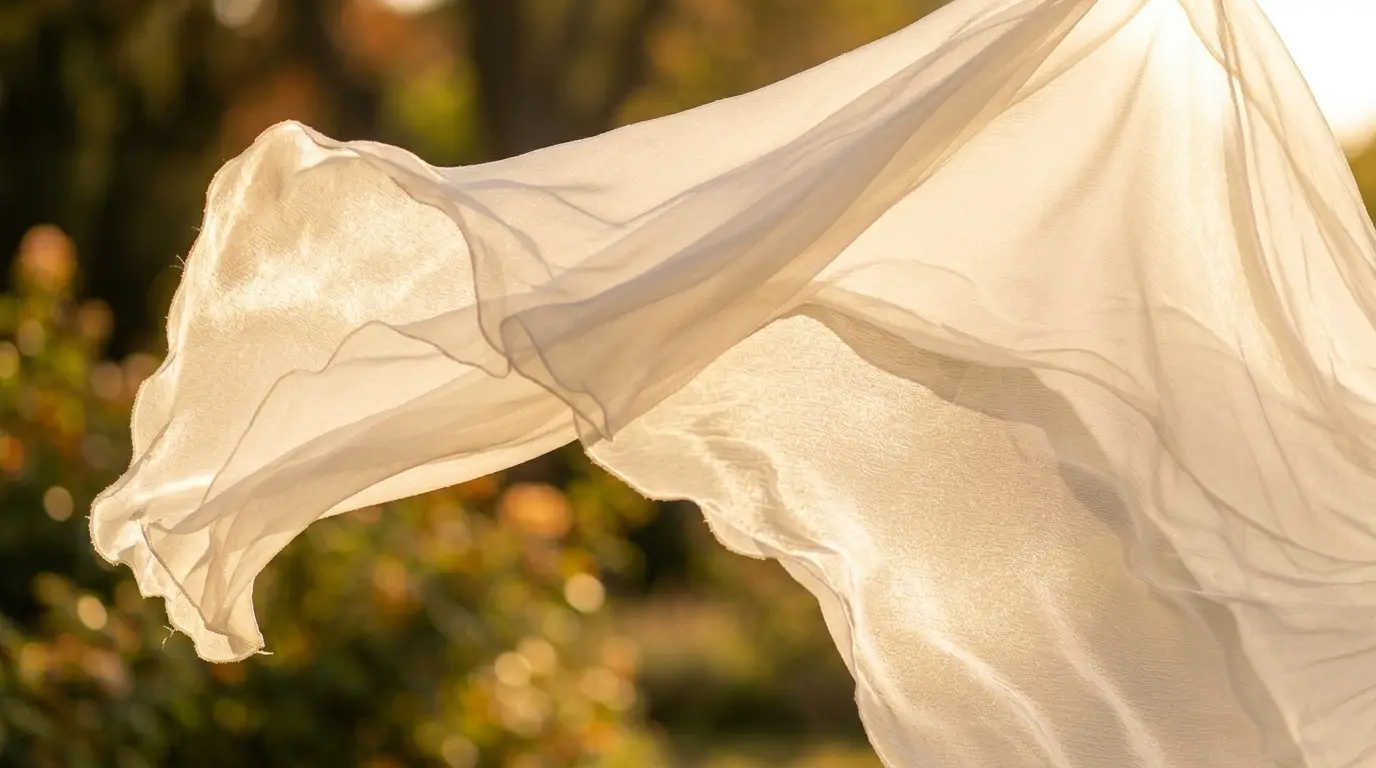 Güneş ışığında uçuşan, ince dokulu gelinlik kumaşı detayı